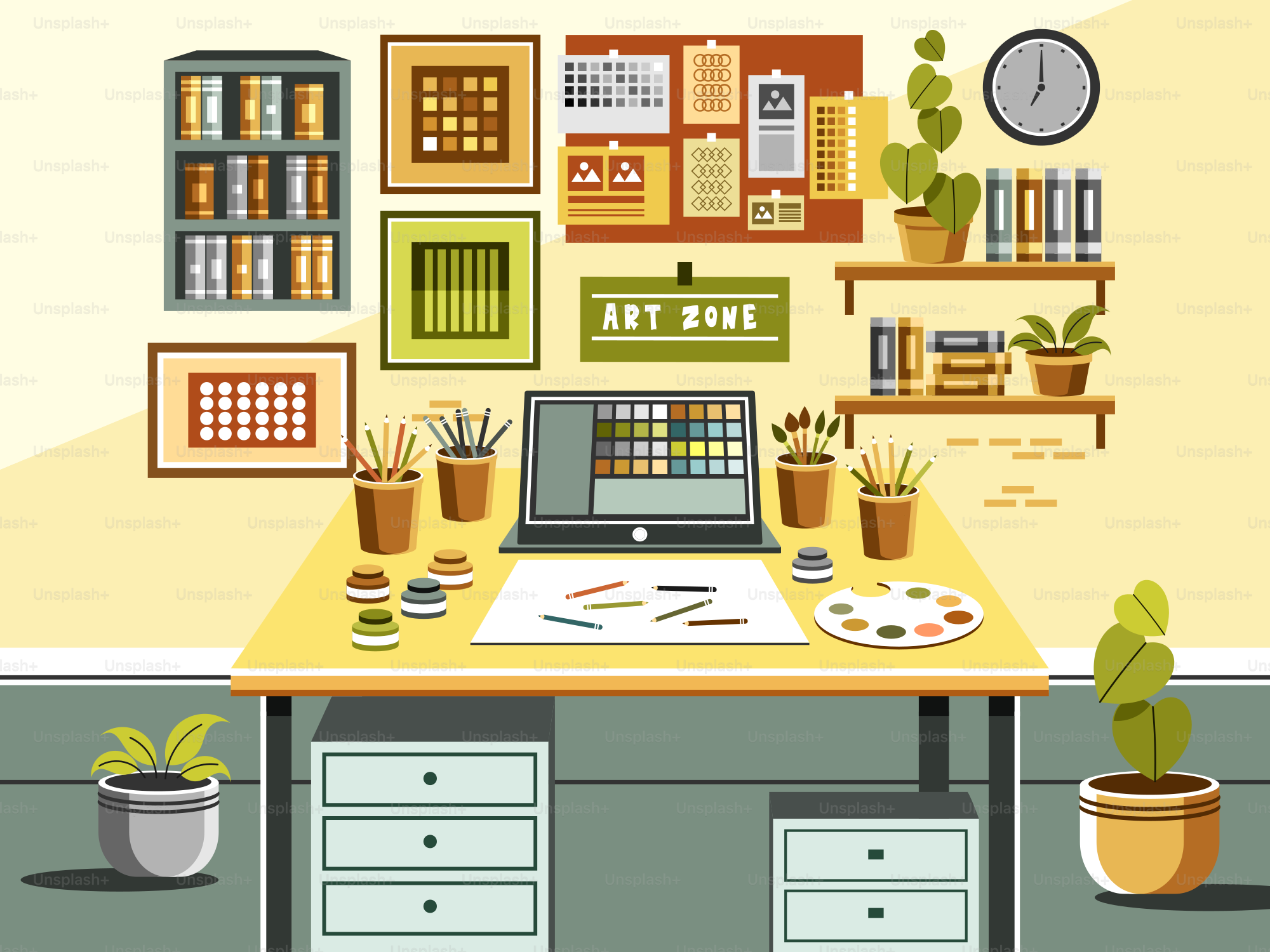 An artist's workspace with art supplies and decor.