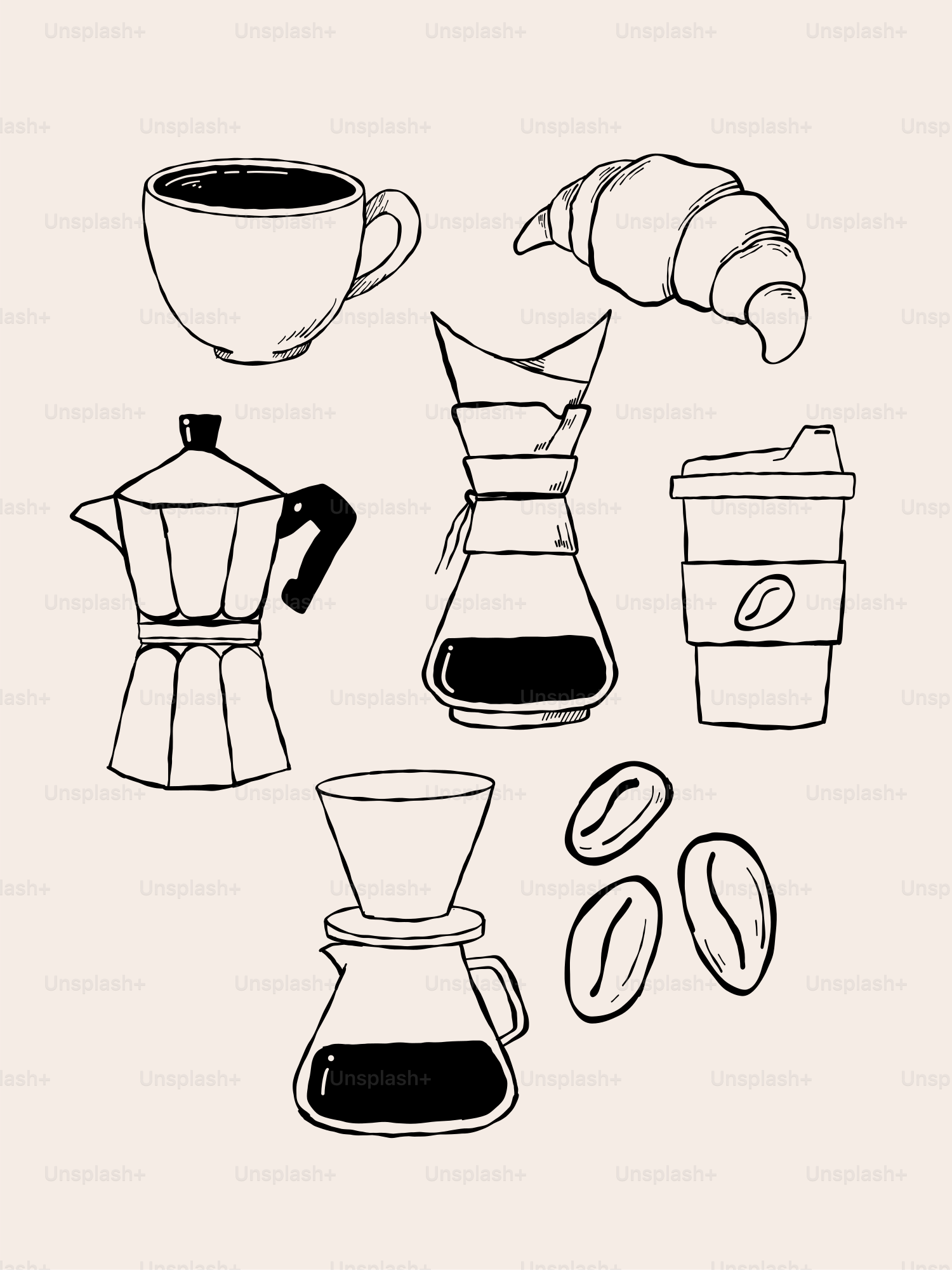 Coffee brewing equipment and breakfast pastries are shown.
