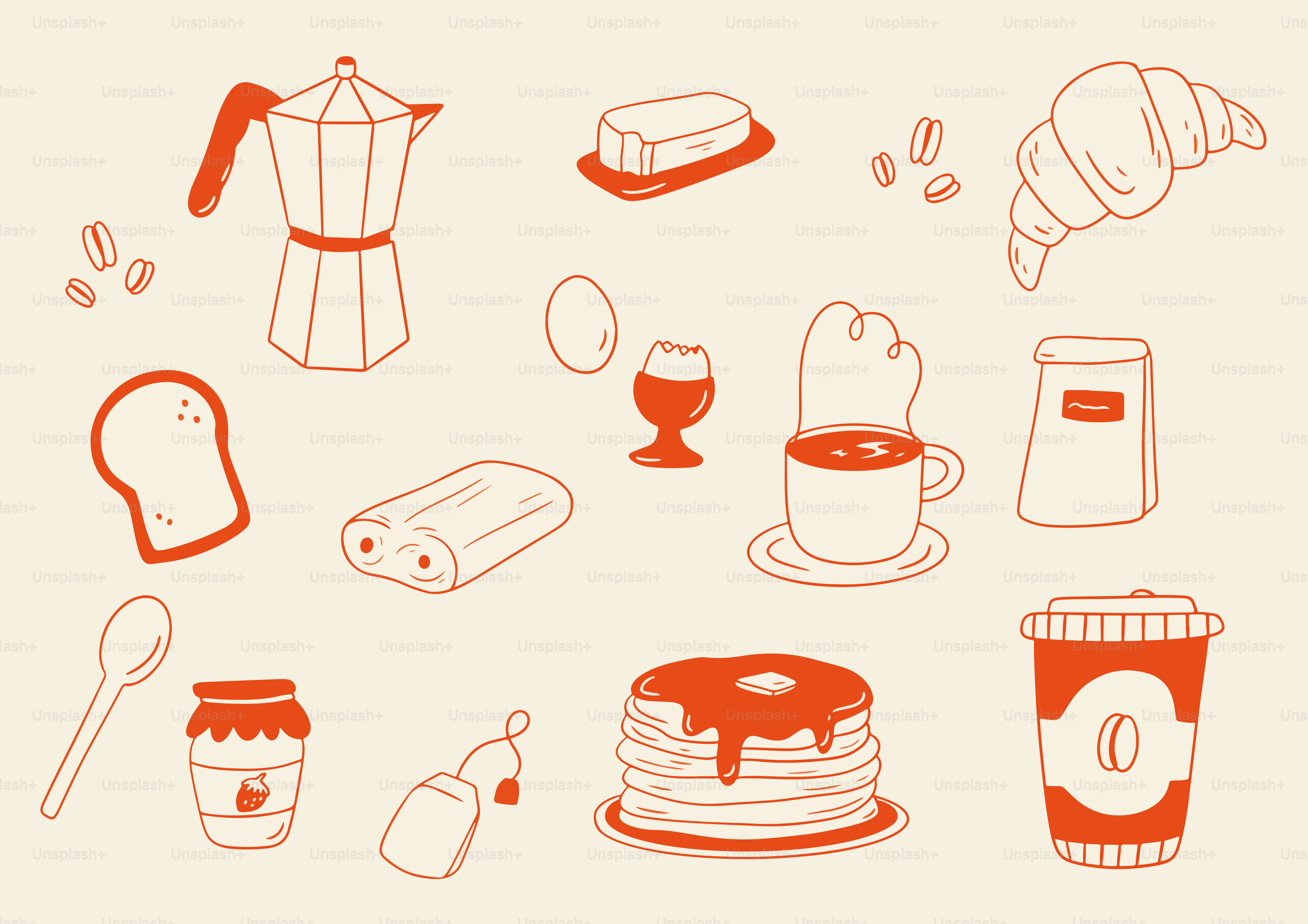 Breakfast food items in an orange line drawing.