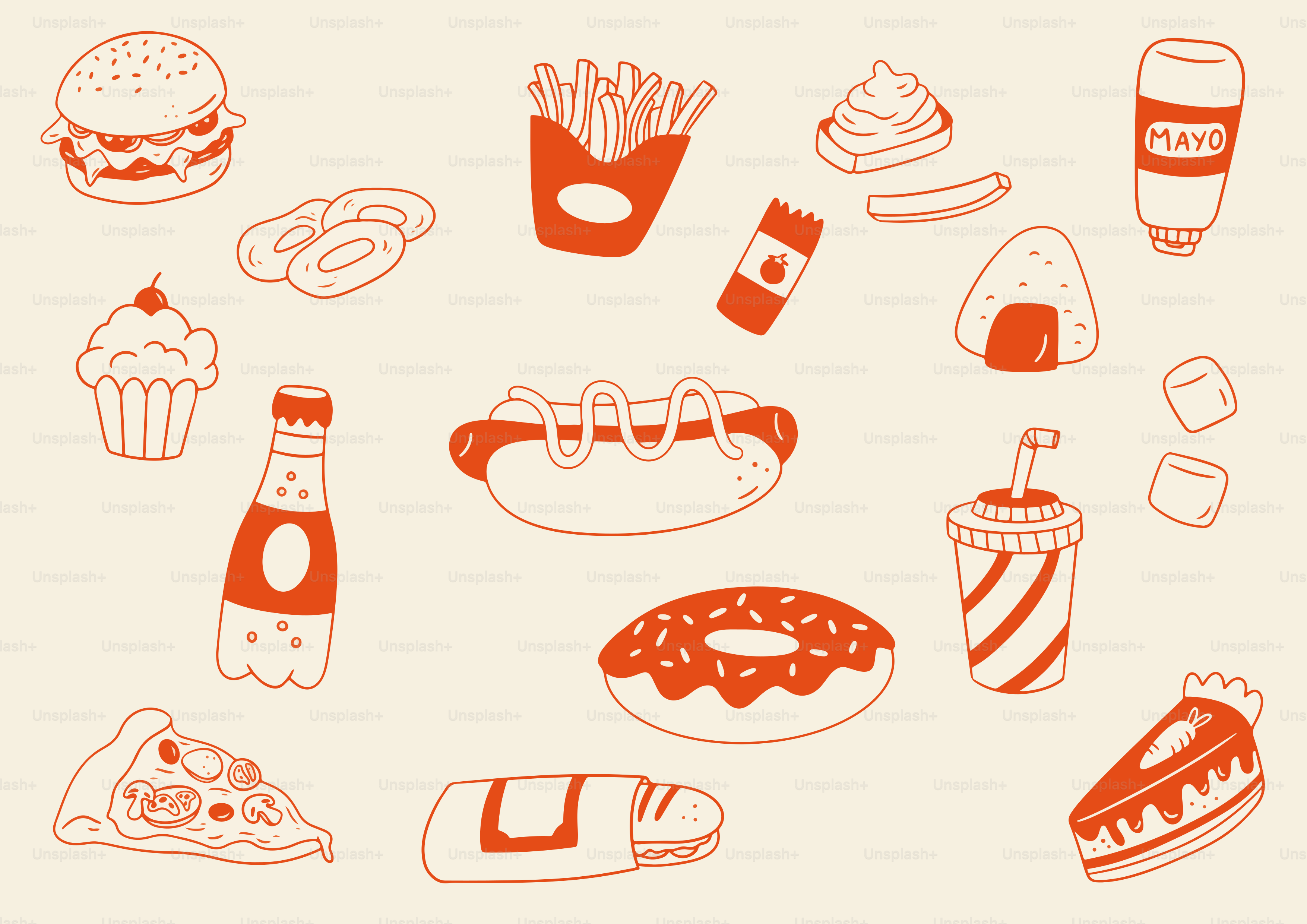 Yummy fast food items are scattered on a white background.