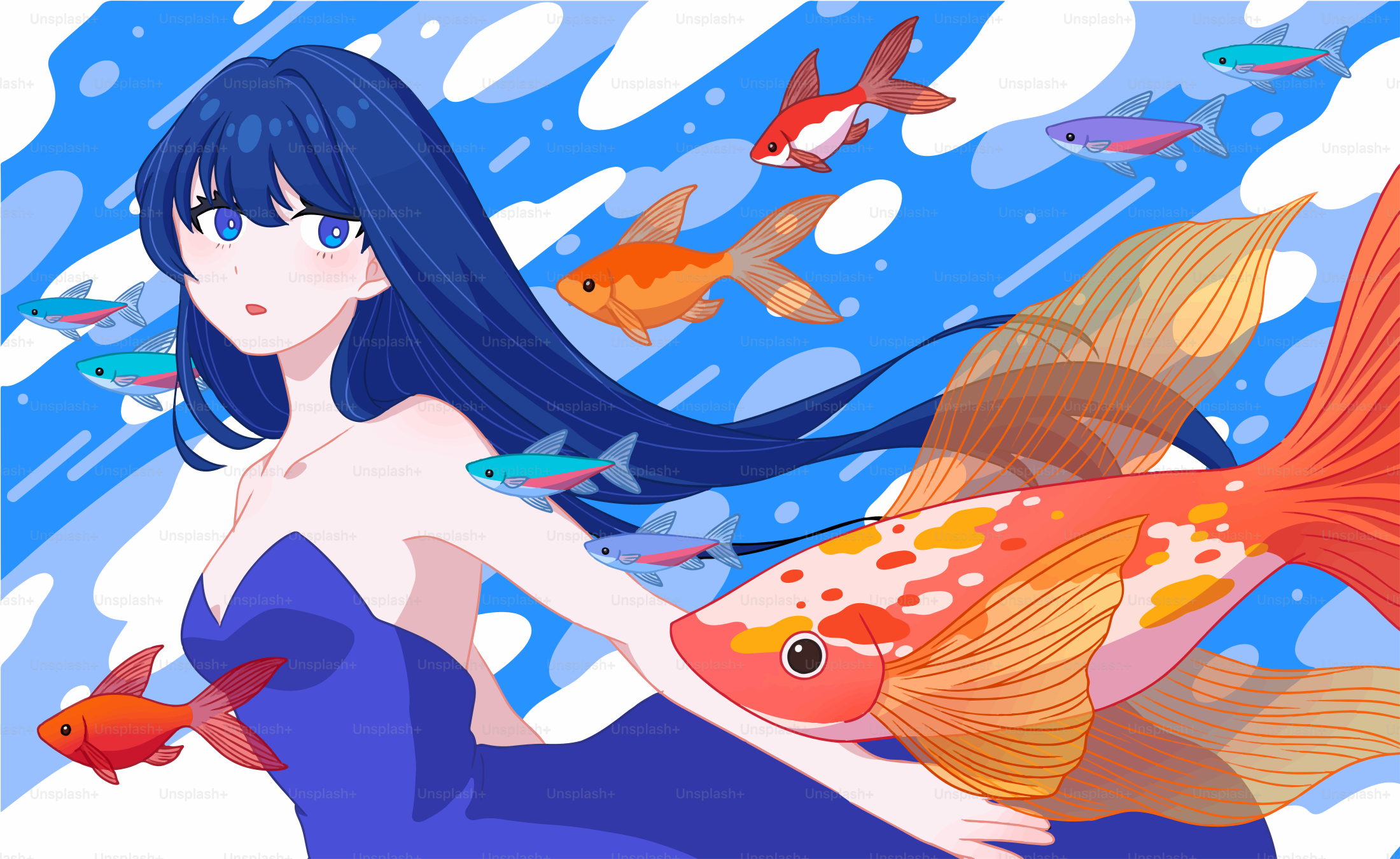 Una donna e un pesce colorato nuotano insieme.