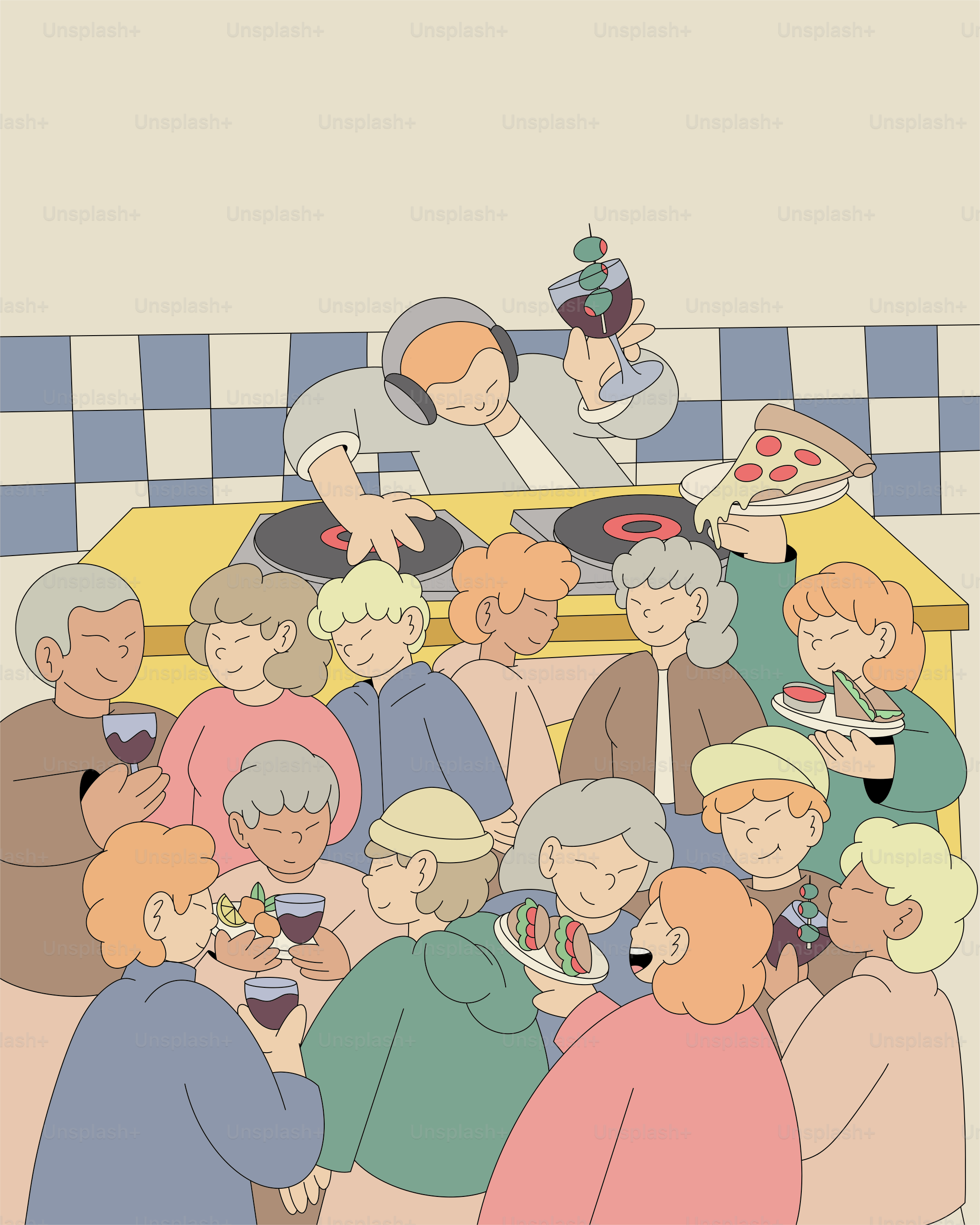 People enjoy food and drinks while a dj plays.