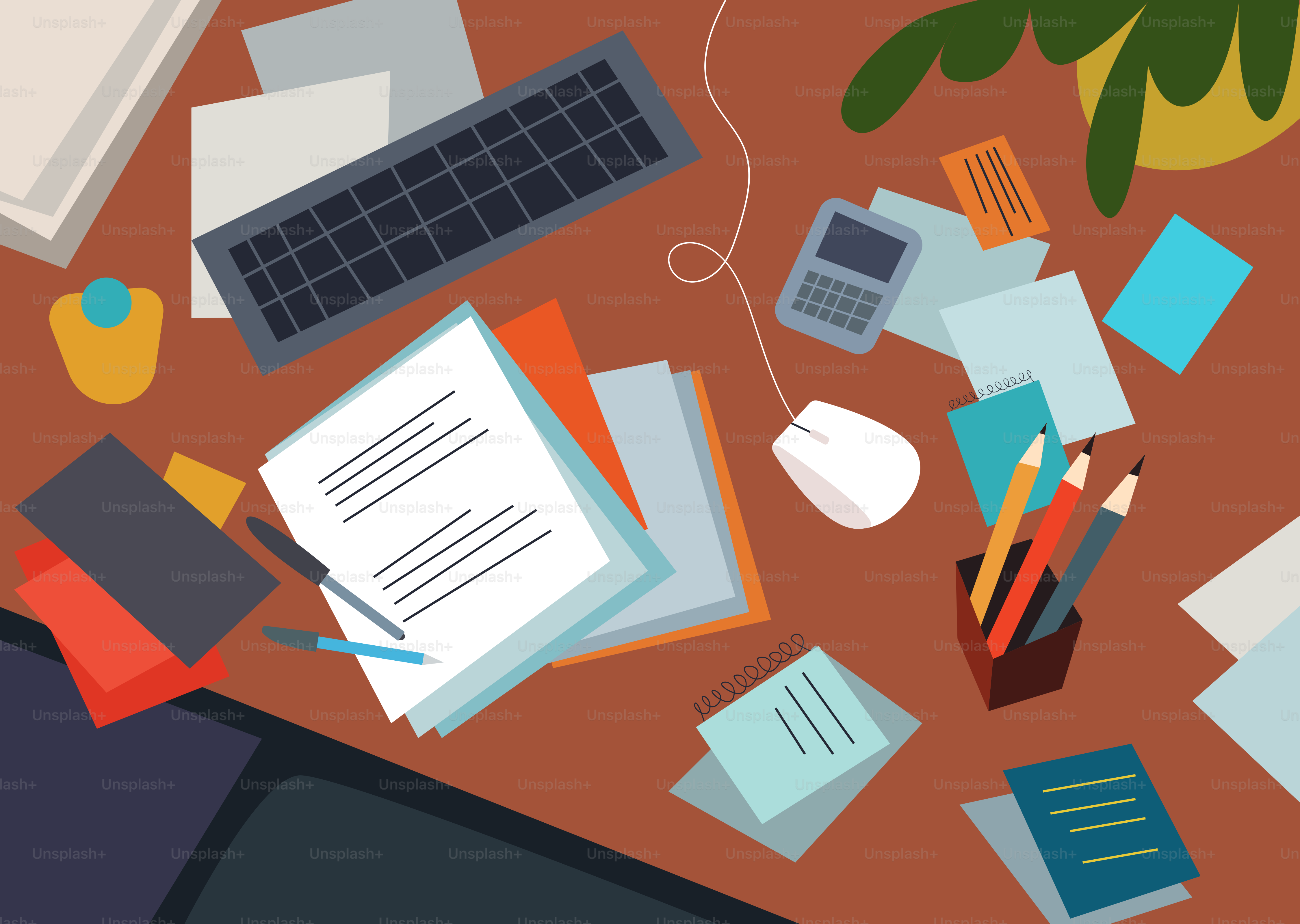 Messy desk with papers, keyboard, and other items. vector – Office ...