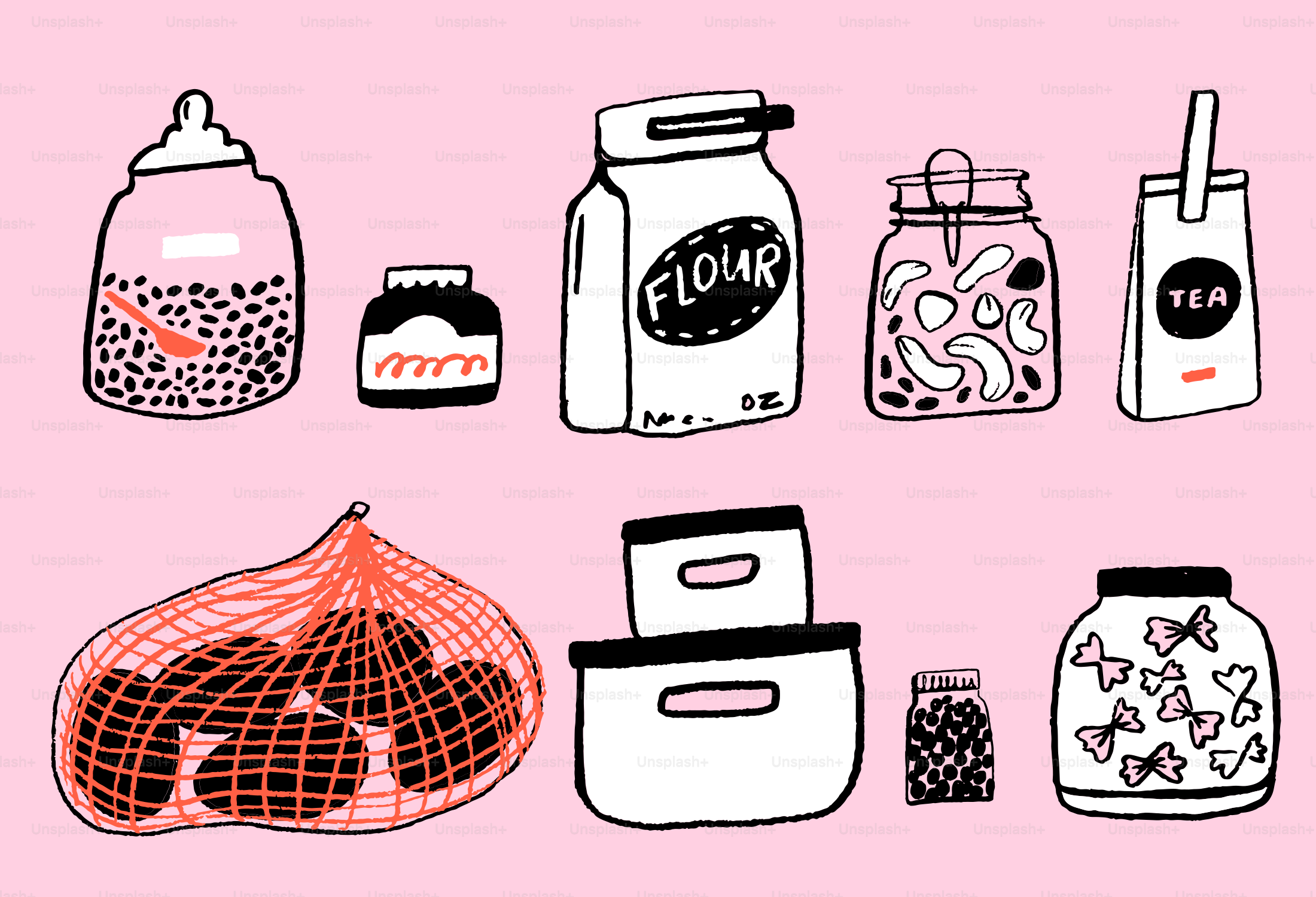Various food items are illustrated in jars and containers.