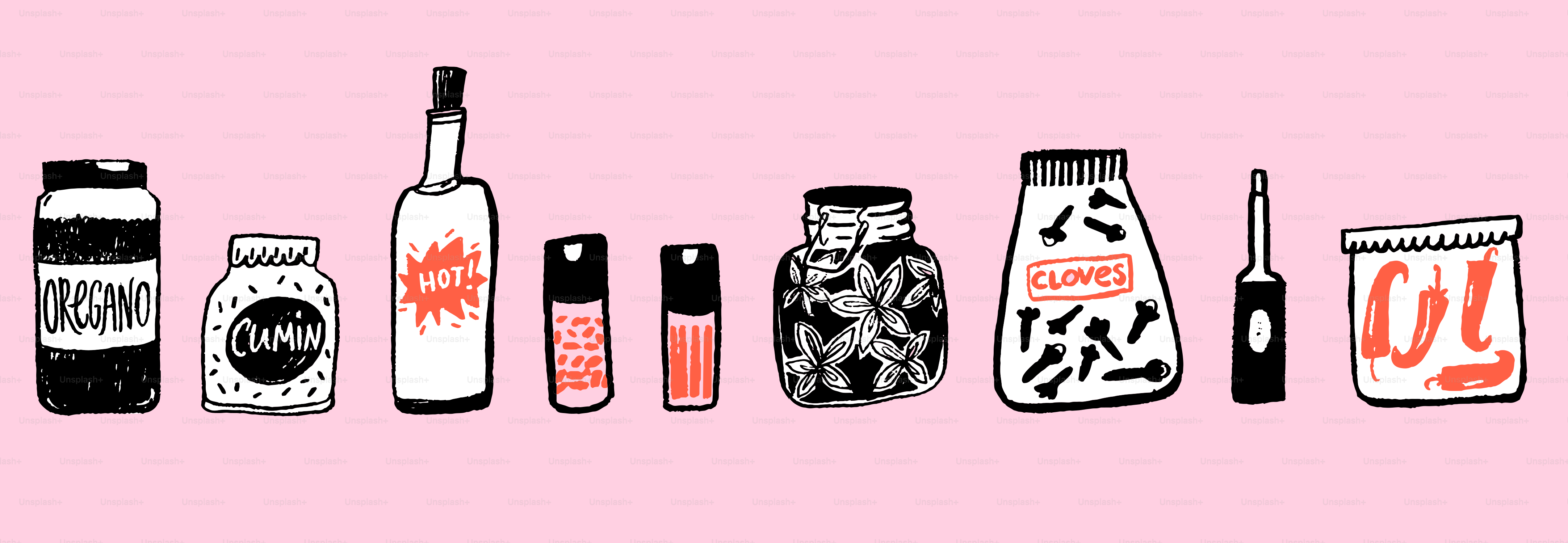 Collection of jars, bottles, and containers on pink background.