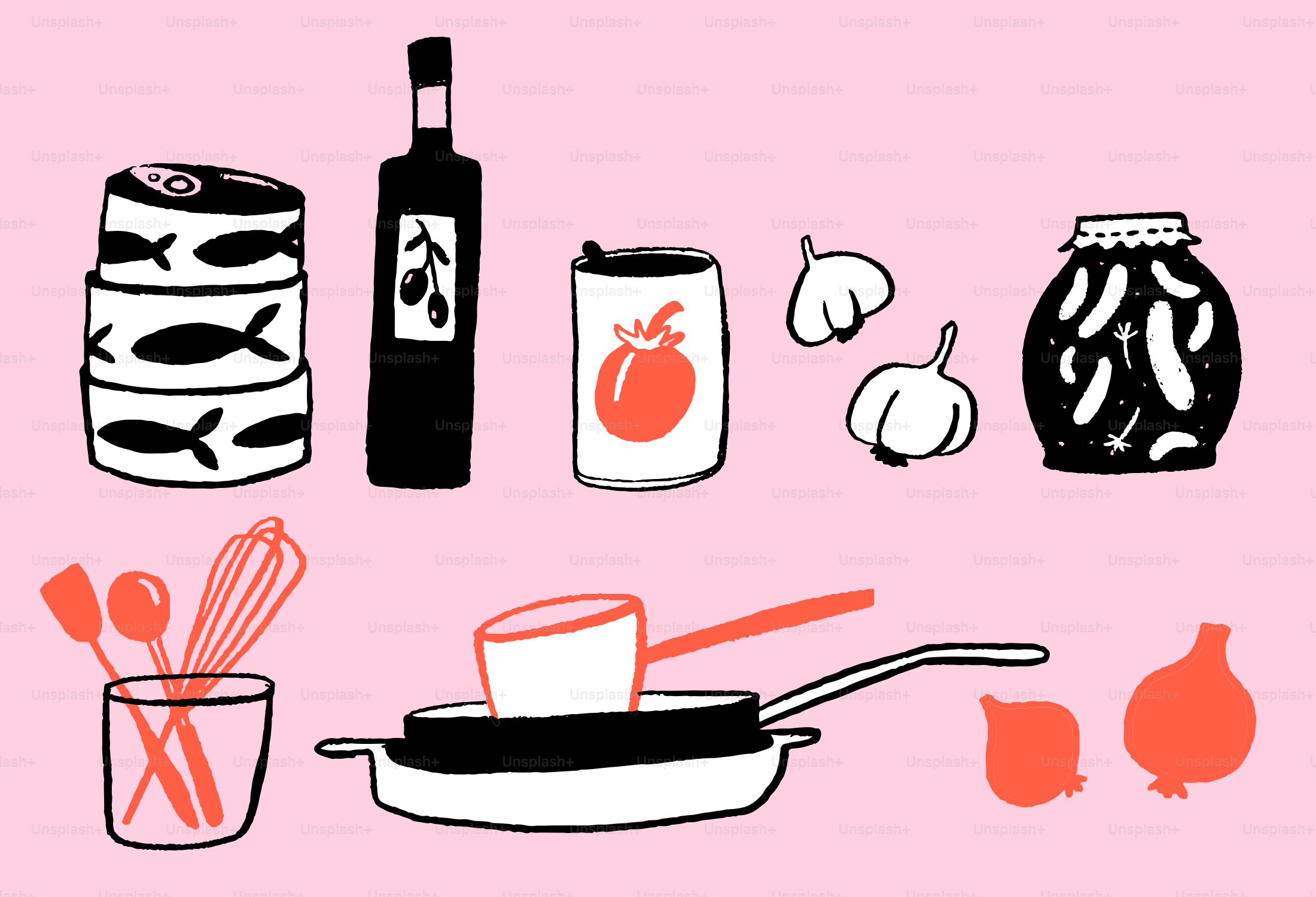 Los ingredientes y utensilios de cocina están ilustrados en rosa.