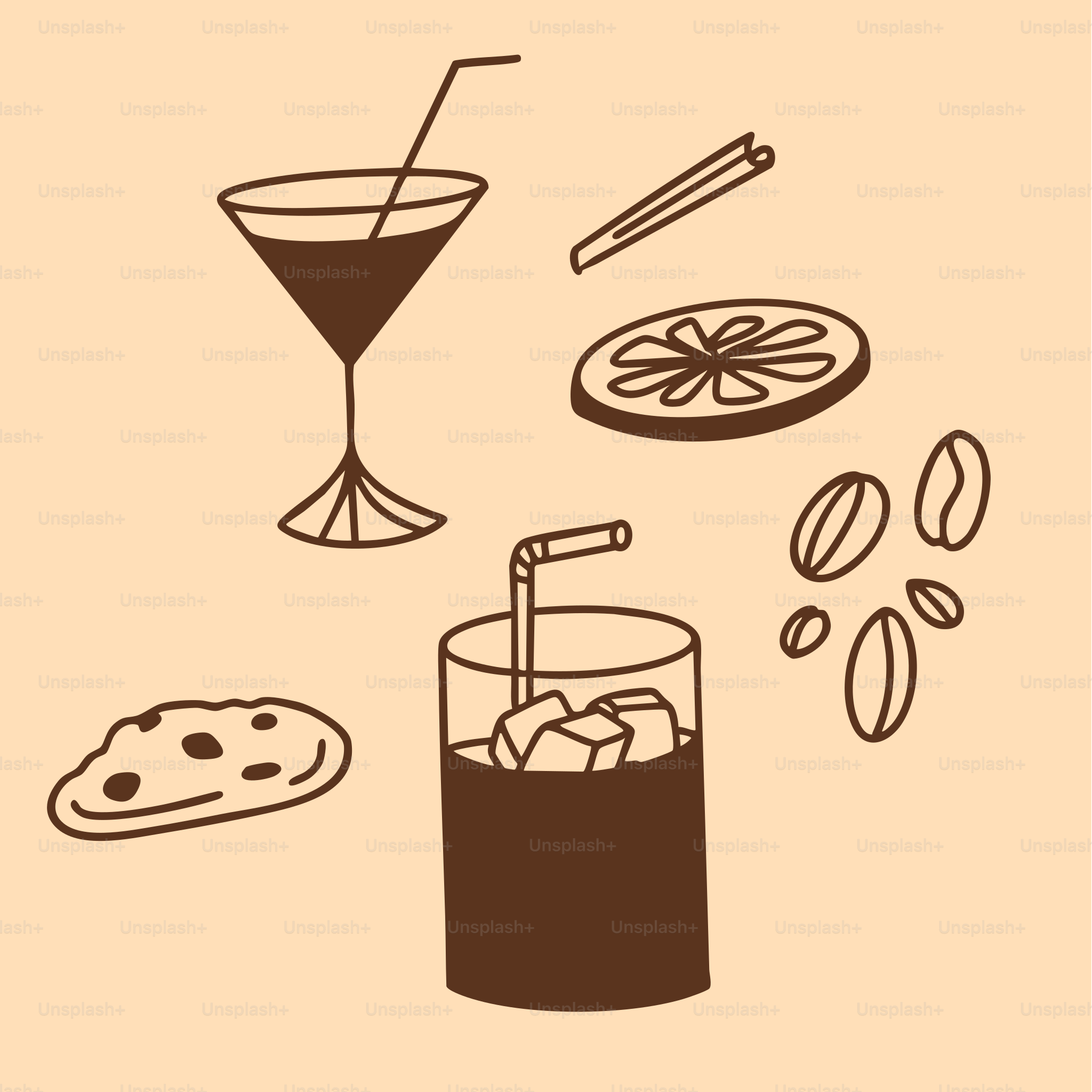 Cocktails, treats, and coffee, illustrated in a dark brown color.