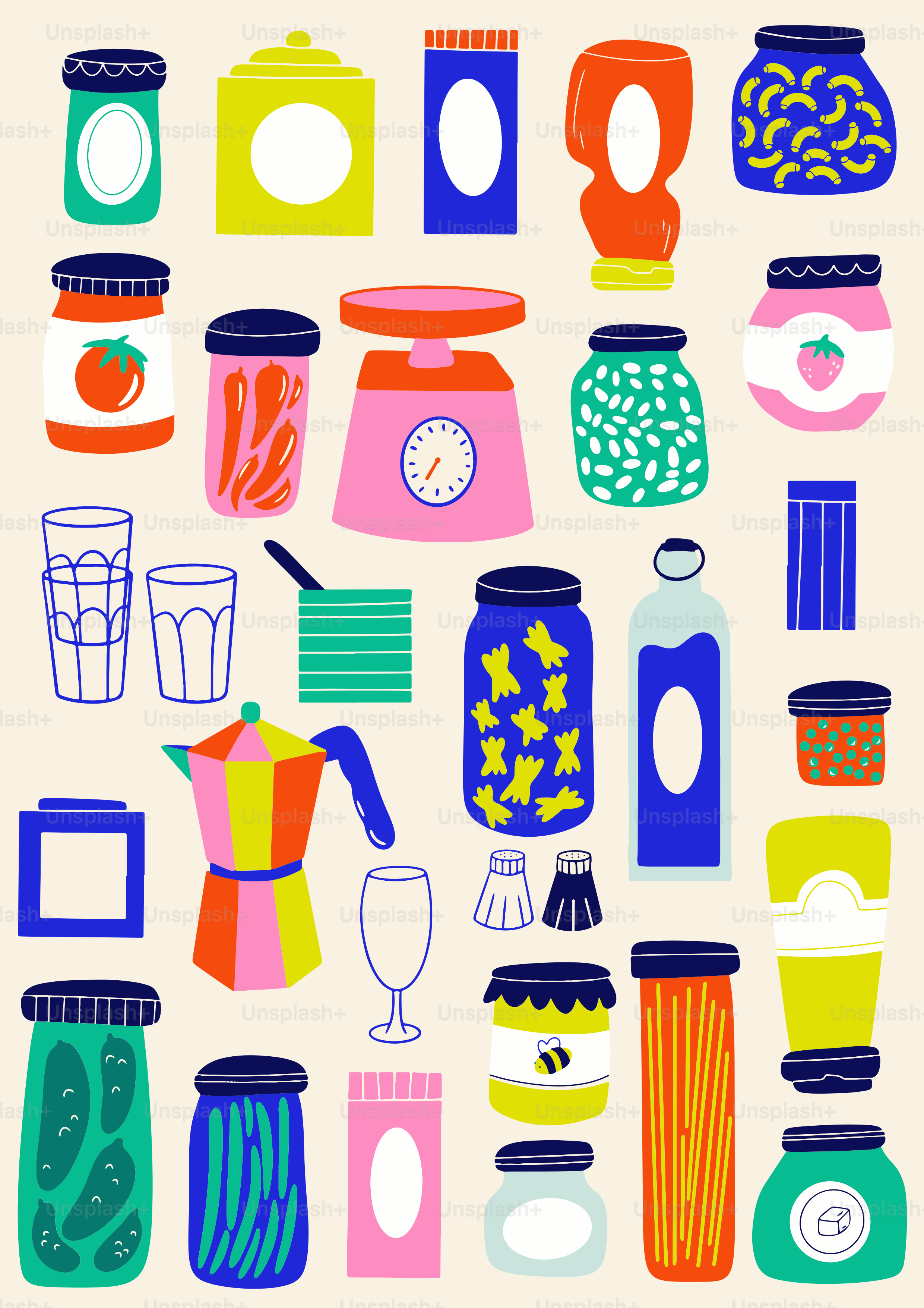 Artwork of kitchen essentials and groceries.