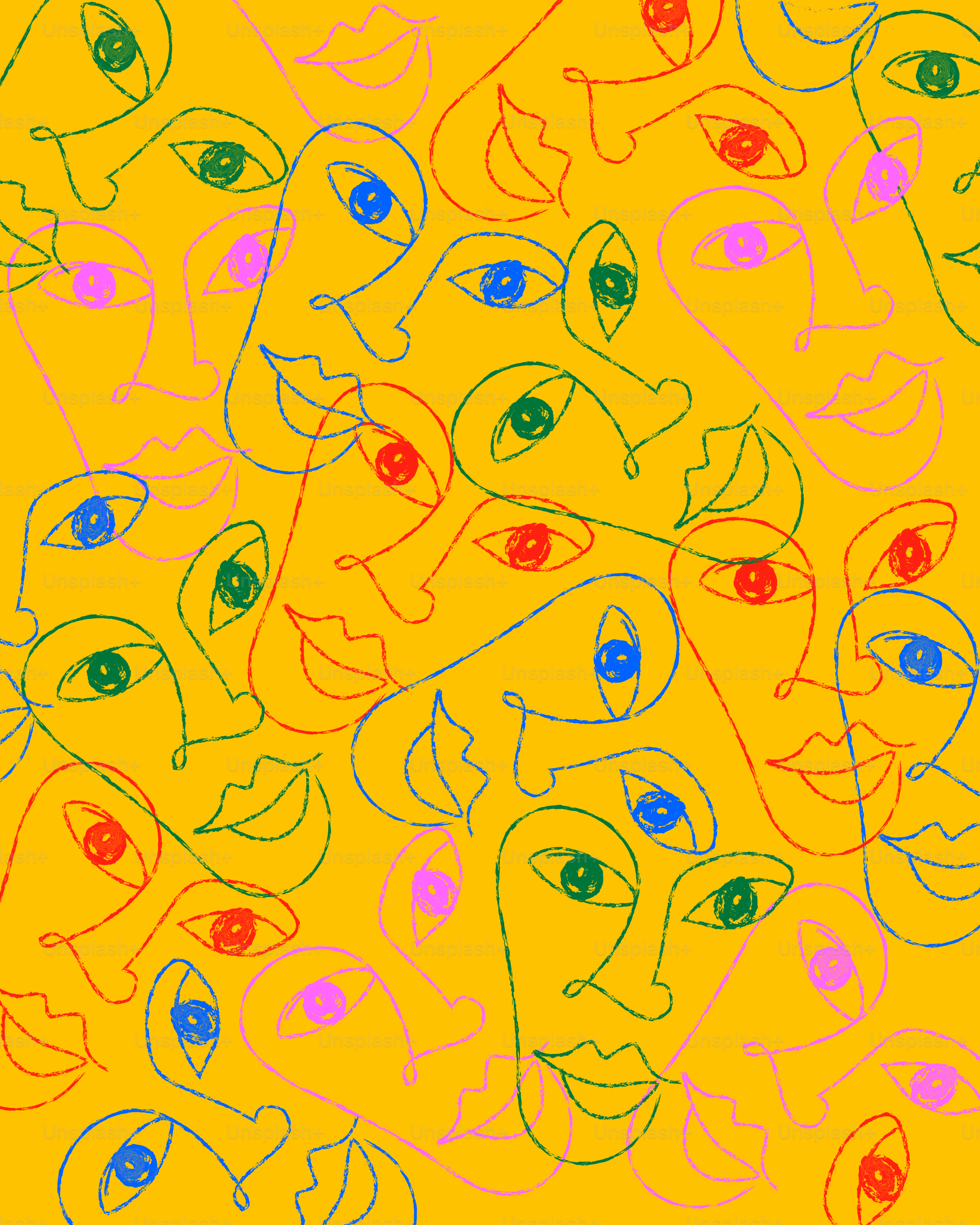 Bunte Gesichter auf gelbem Hintergrund.