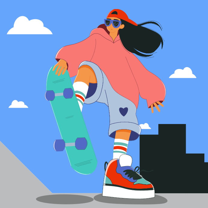Cool skater girl jumps with her skateboard.