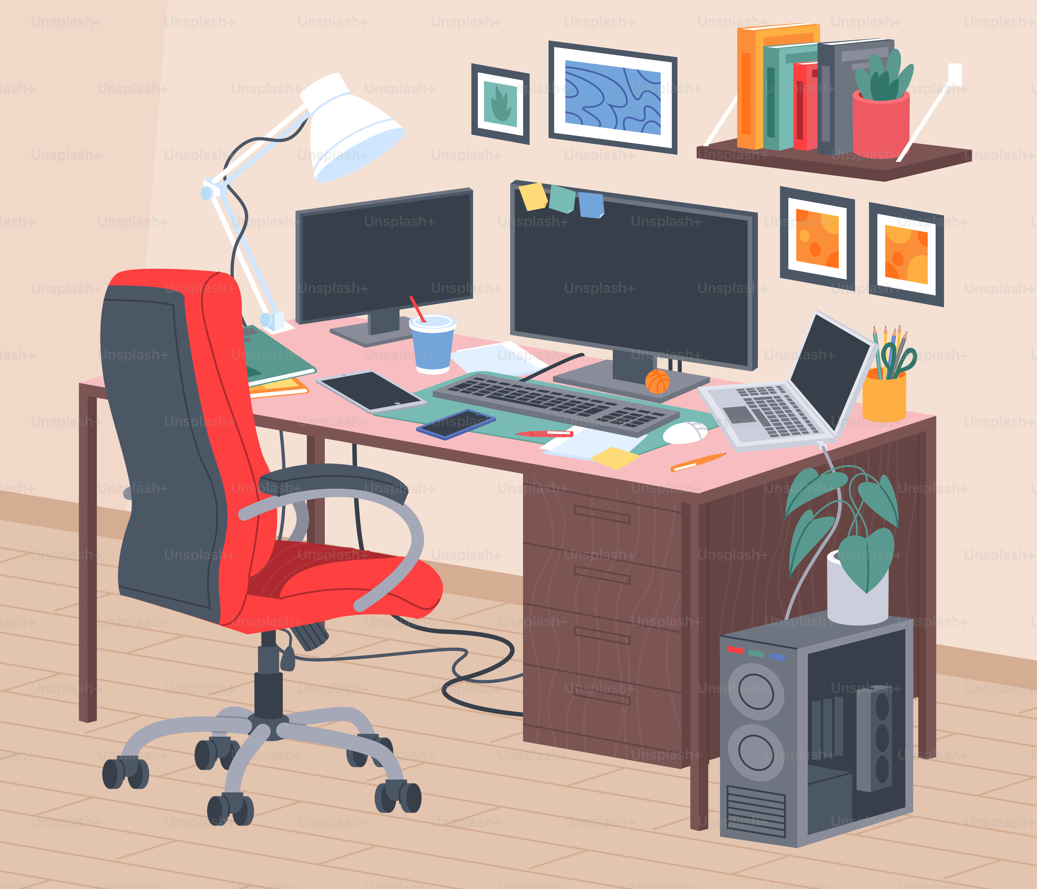 A home office with a cluttered desk.