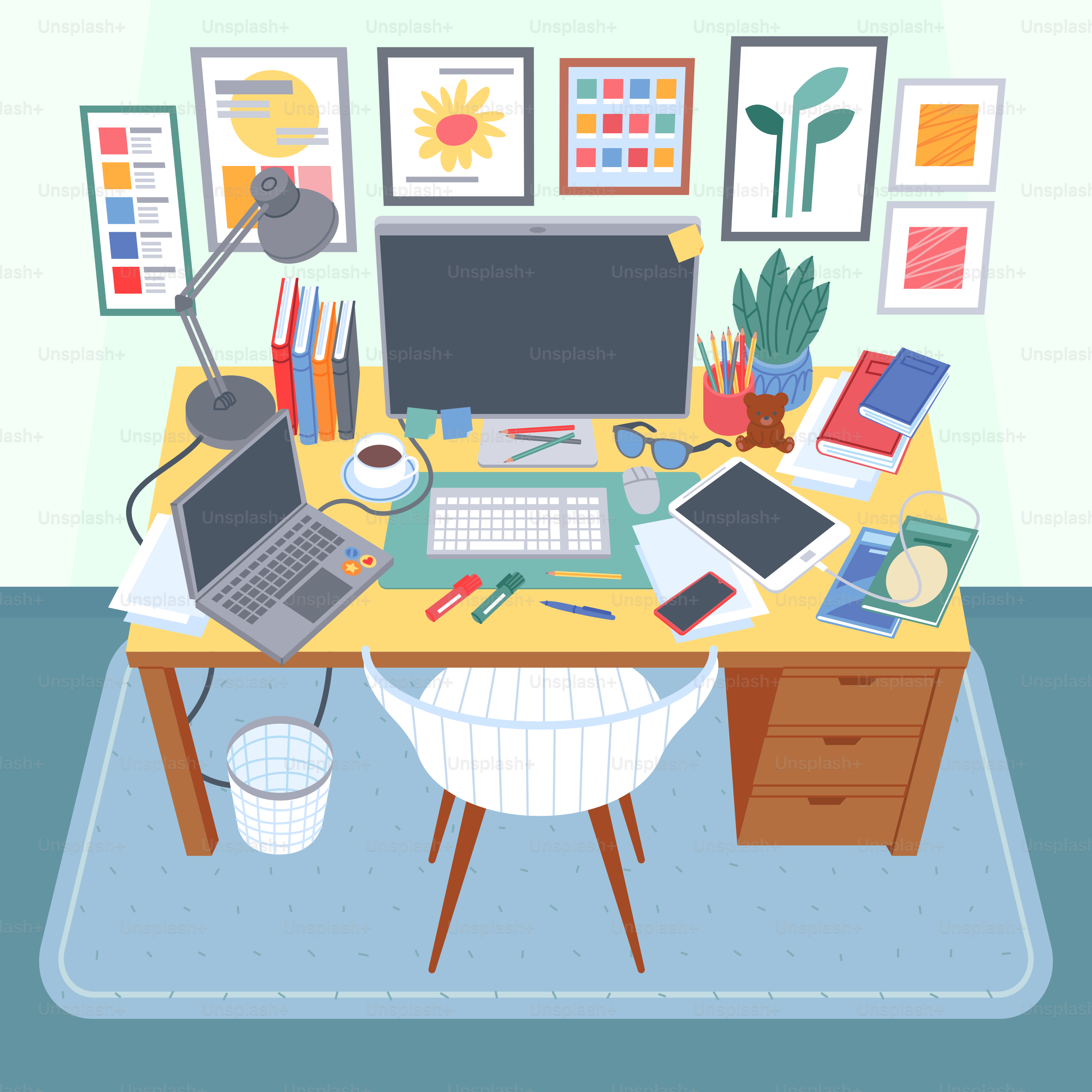 Aqui está uma legenda para a imagem: um espaço de trabalho criativo e organizado.