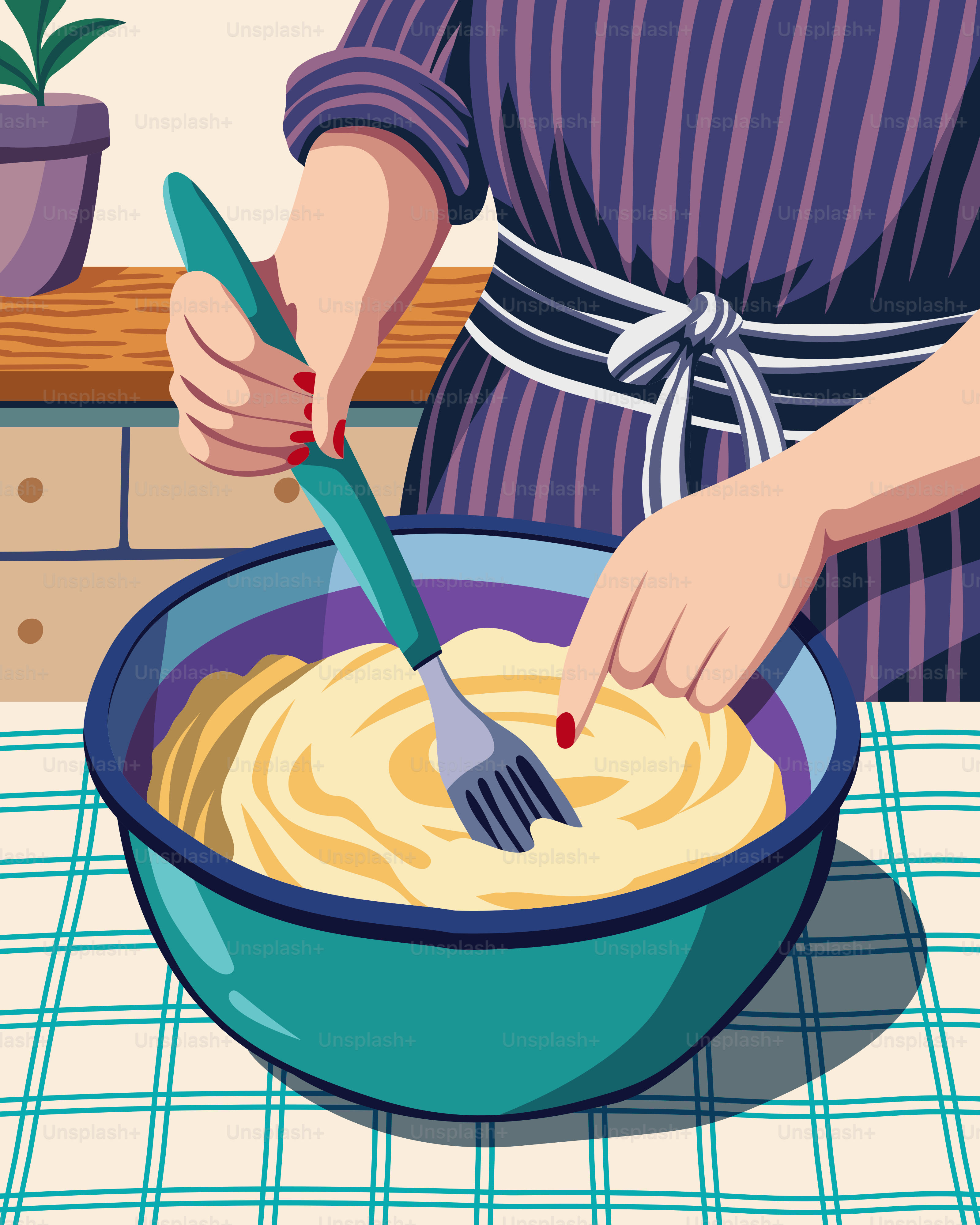 Woman is mixing batter in a bowl.