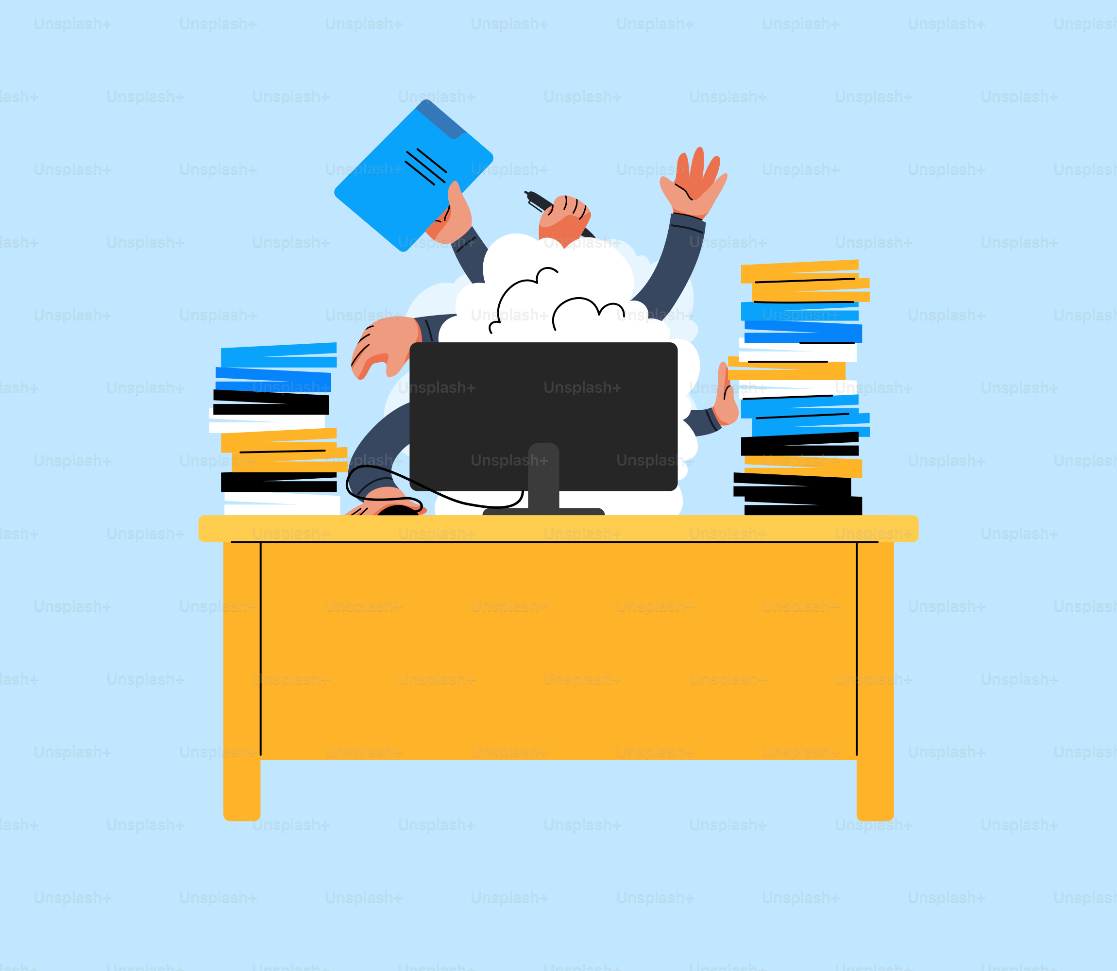 An overworked office worker surrounded by documents.