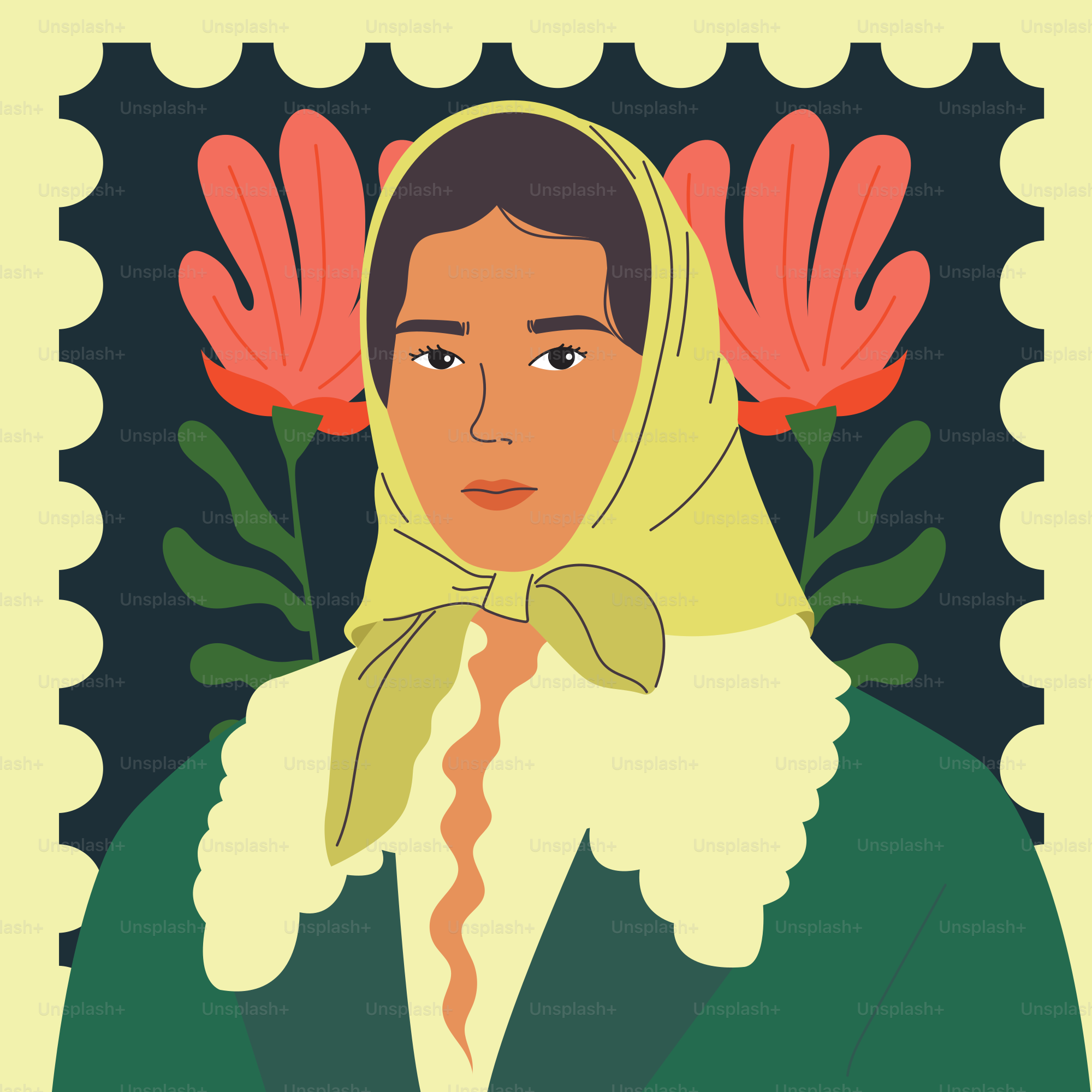 Un retrato de una mujer con flores.