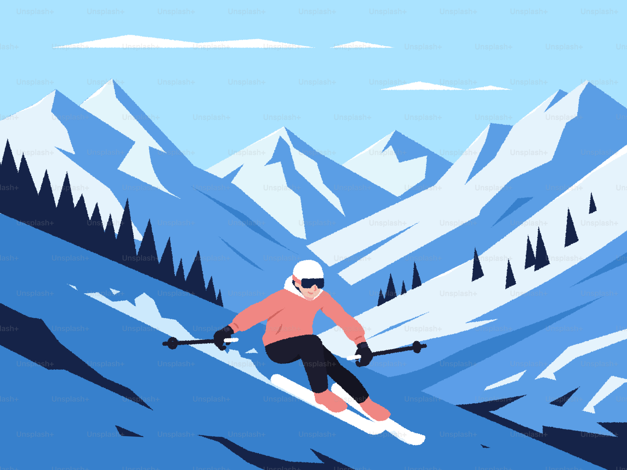 Skier enjoys fresh powder in the snowy mountains.