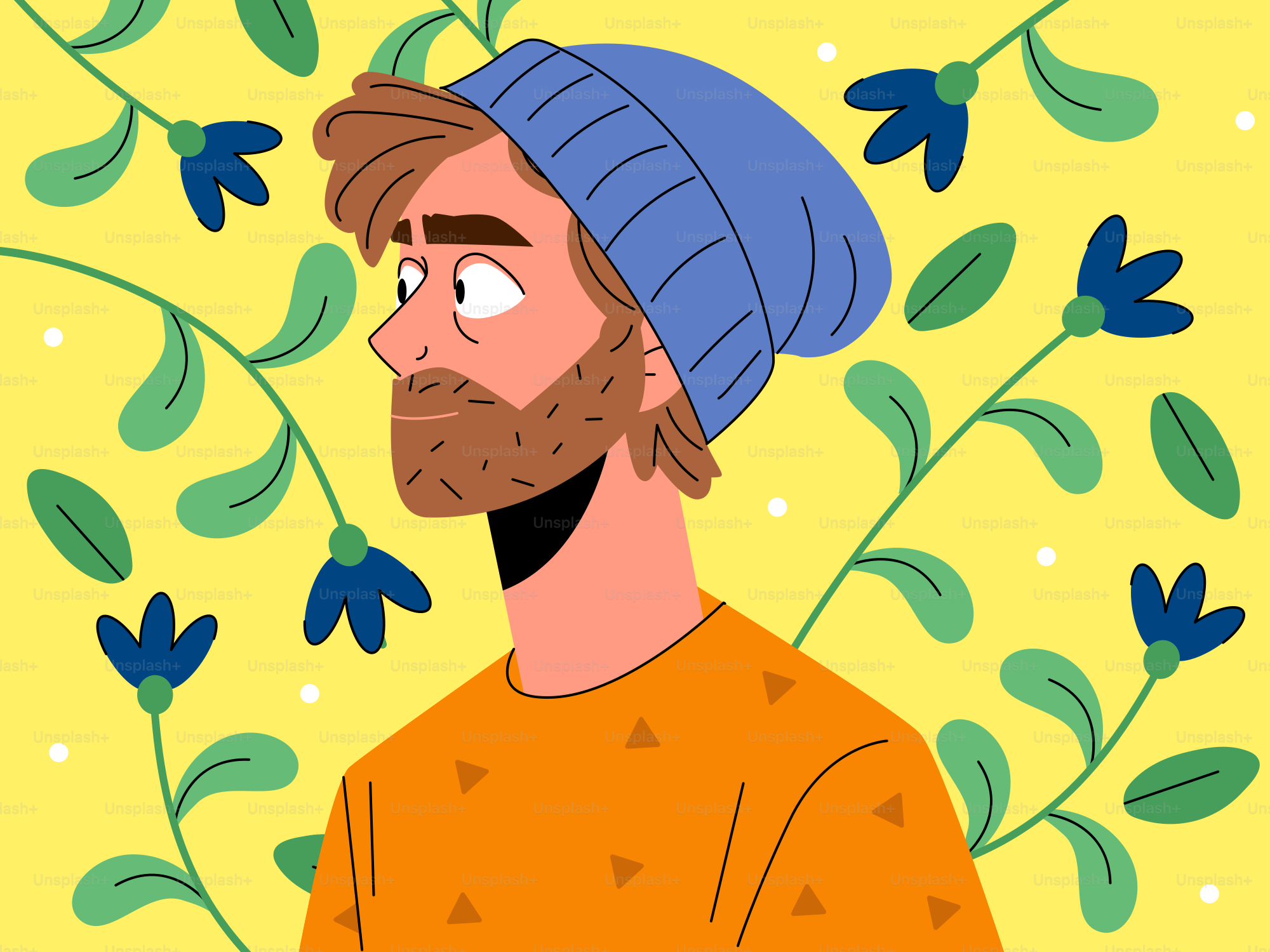 Ein Mann mit Bart, umgeben von floralen Ranken.