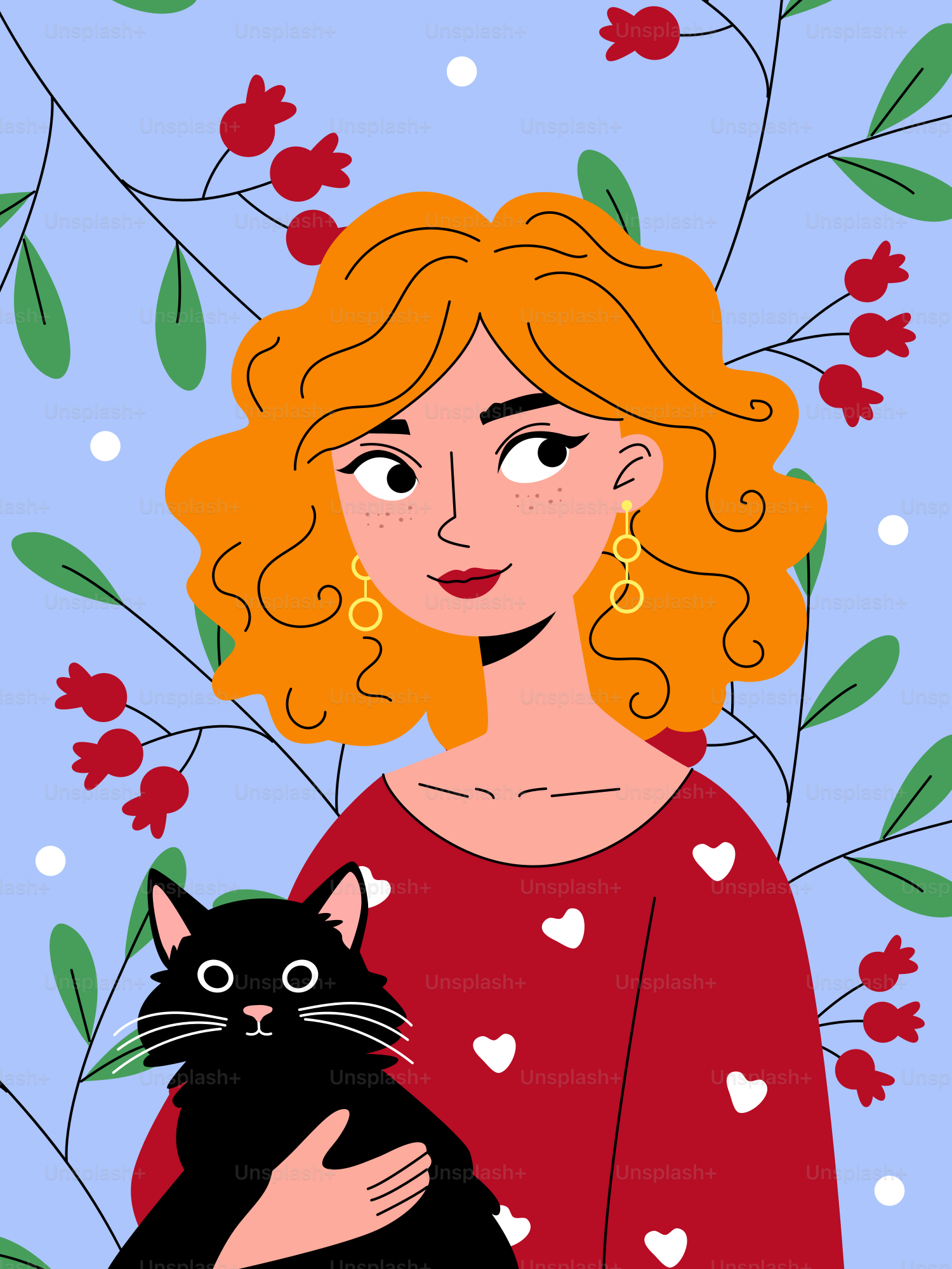 Woman with curly hair holding a black cat.