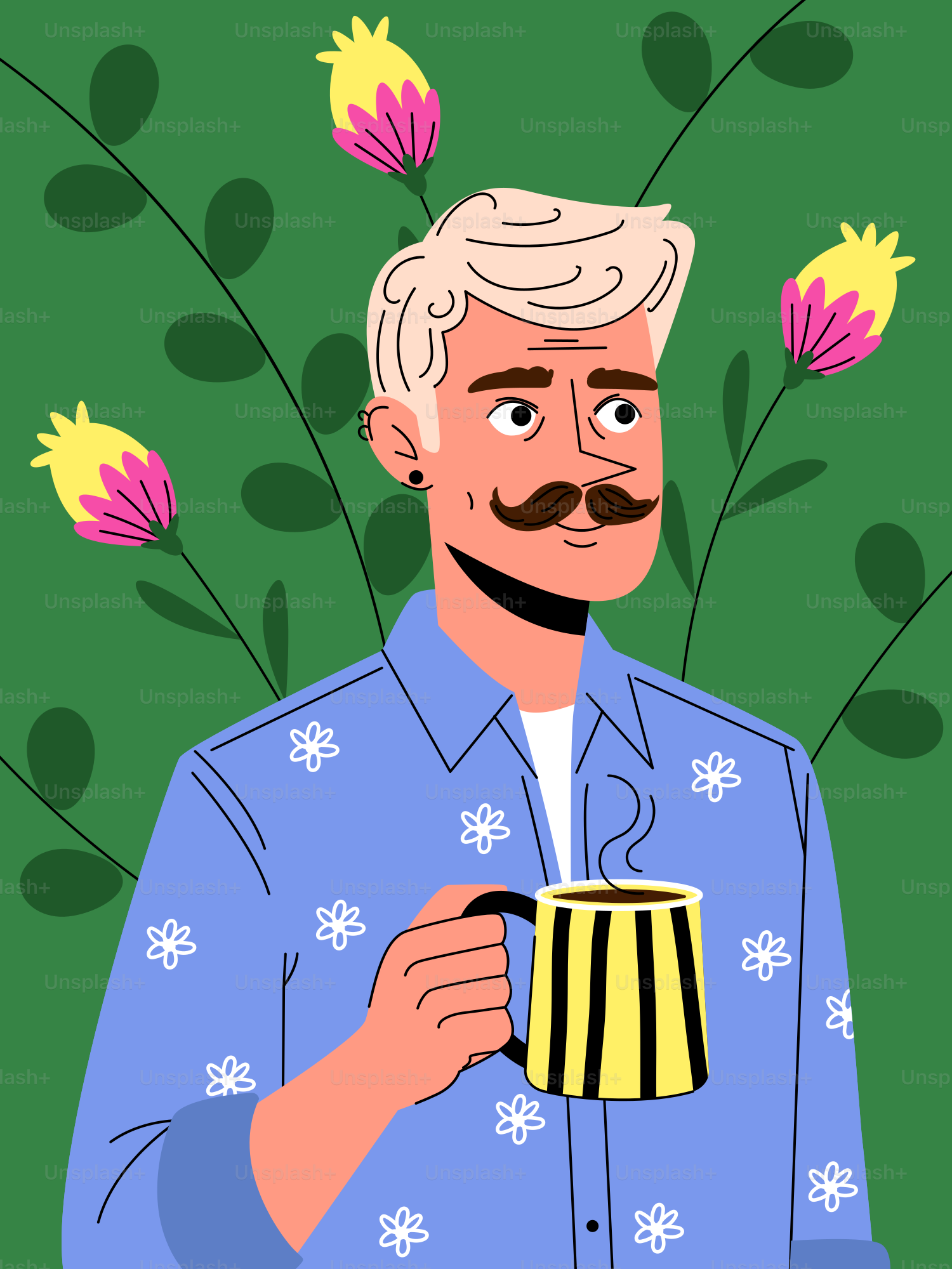 El hombre disfruta del café con una camisa floral rodeada de flores.