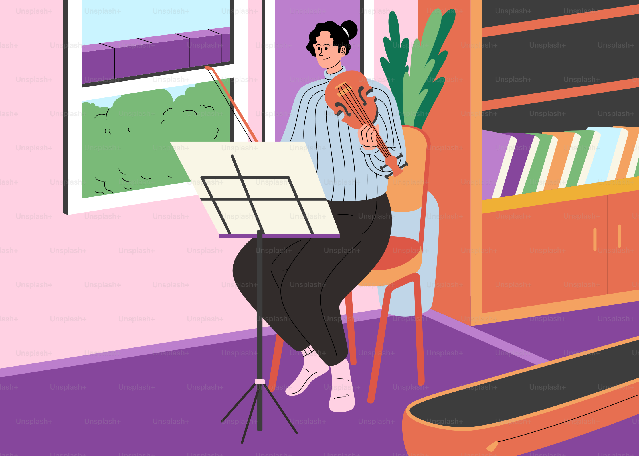 A woman is playing a violin by a window.