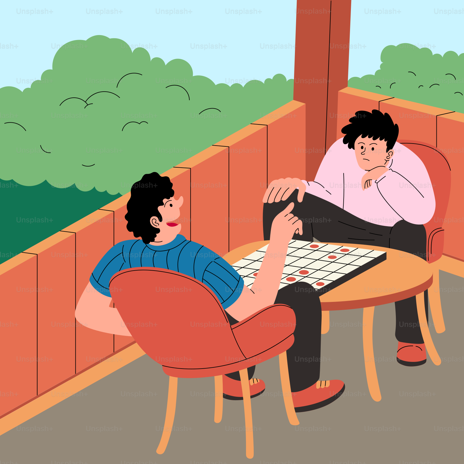 Dos personas están jugando a un juego de mesa en un balcón.