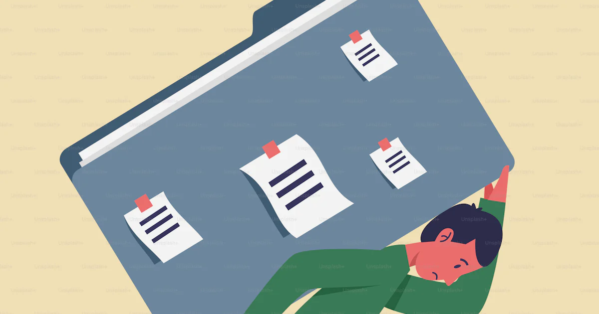 Person struggles under a heavy load of paperwork. vector – Illustration ...