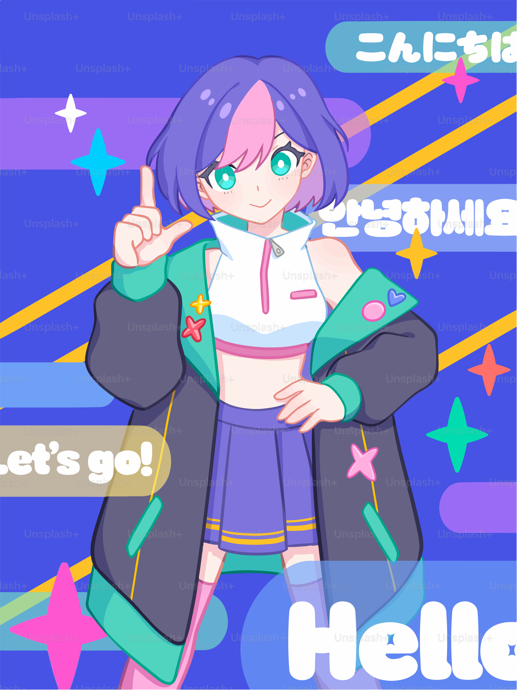 Fille d’anime pointant vers le spectateur.