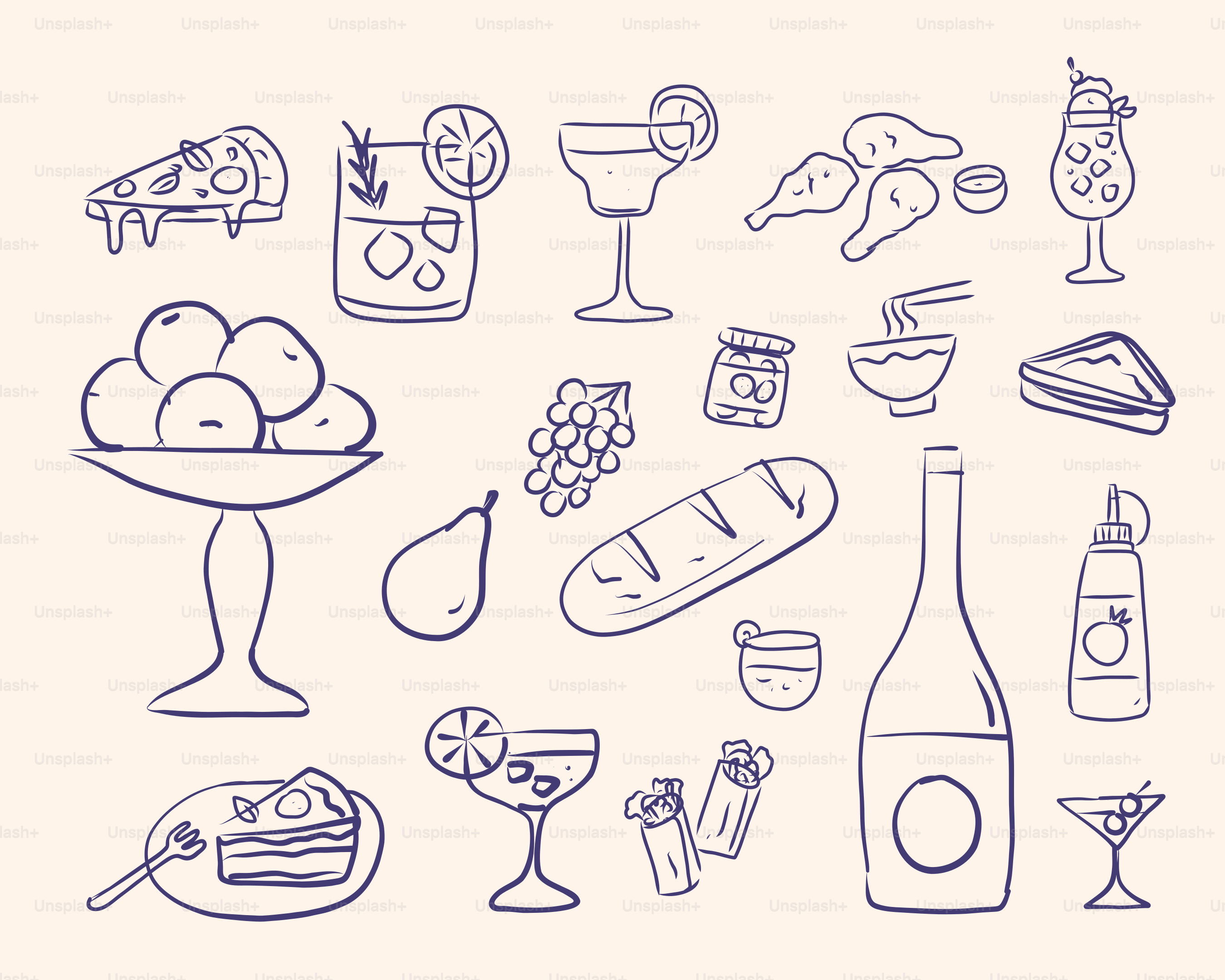 Divers aliments et boissons sont dessinés dans une illustration.