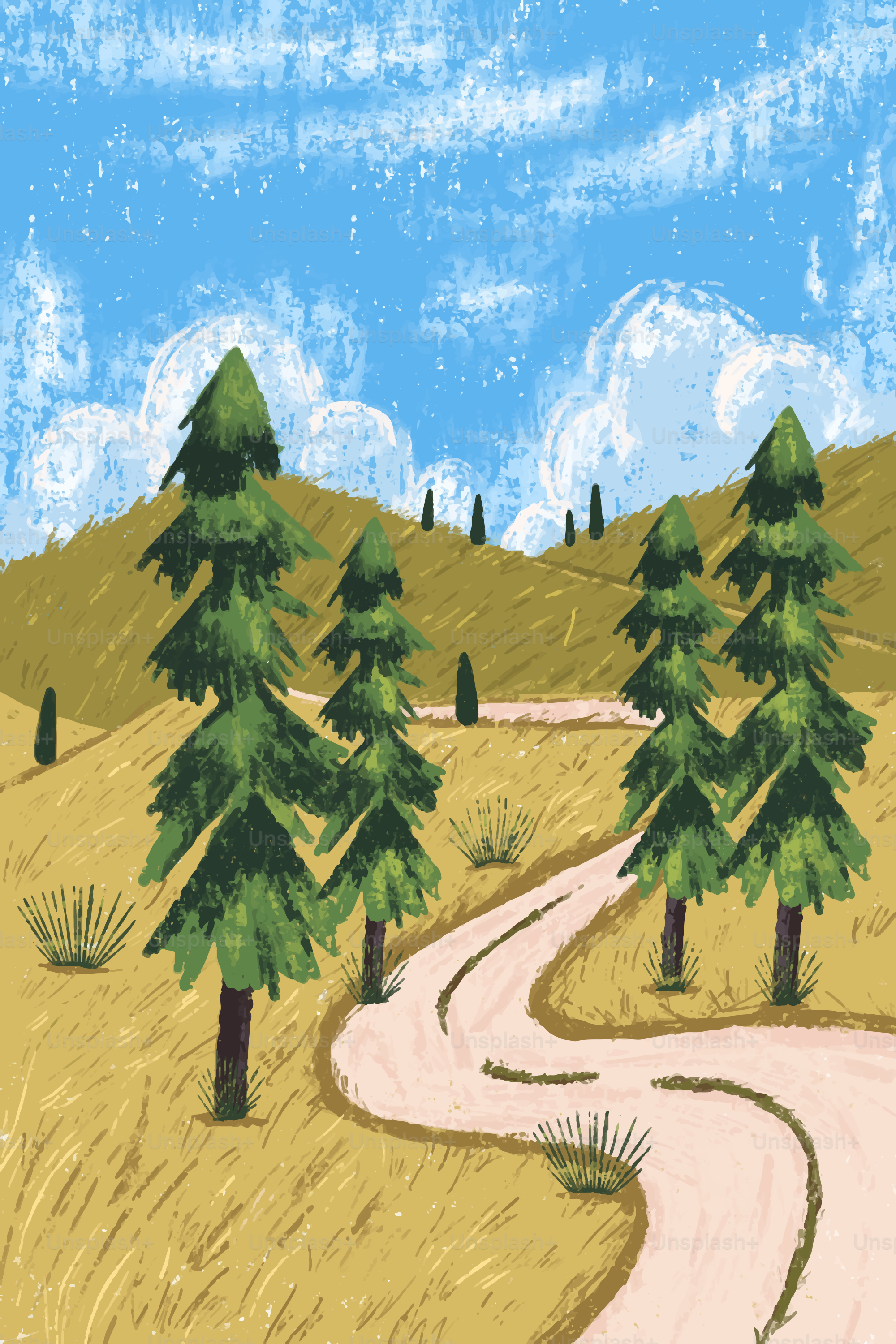 A winding road leads through a scenic landscape.