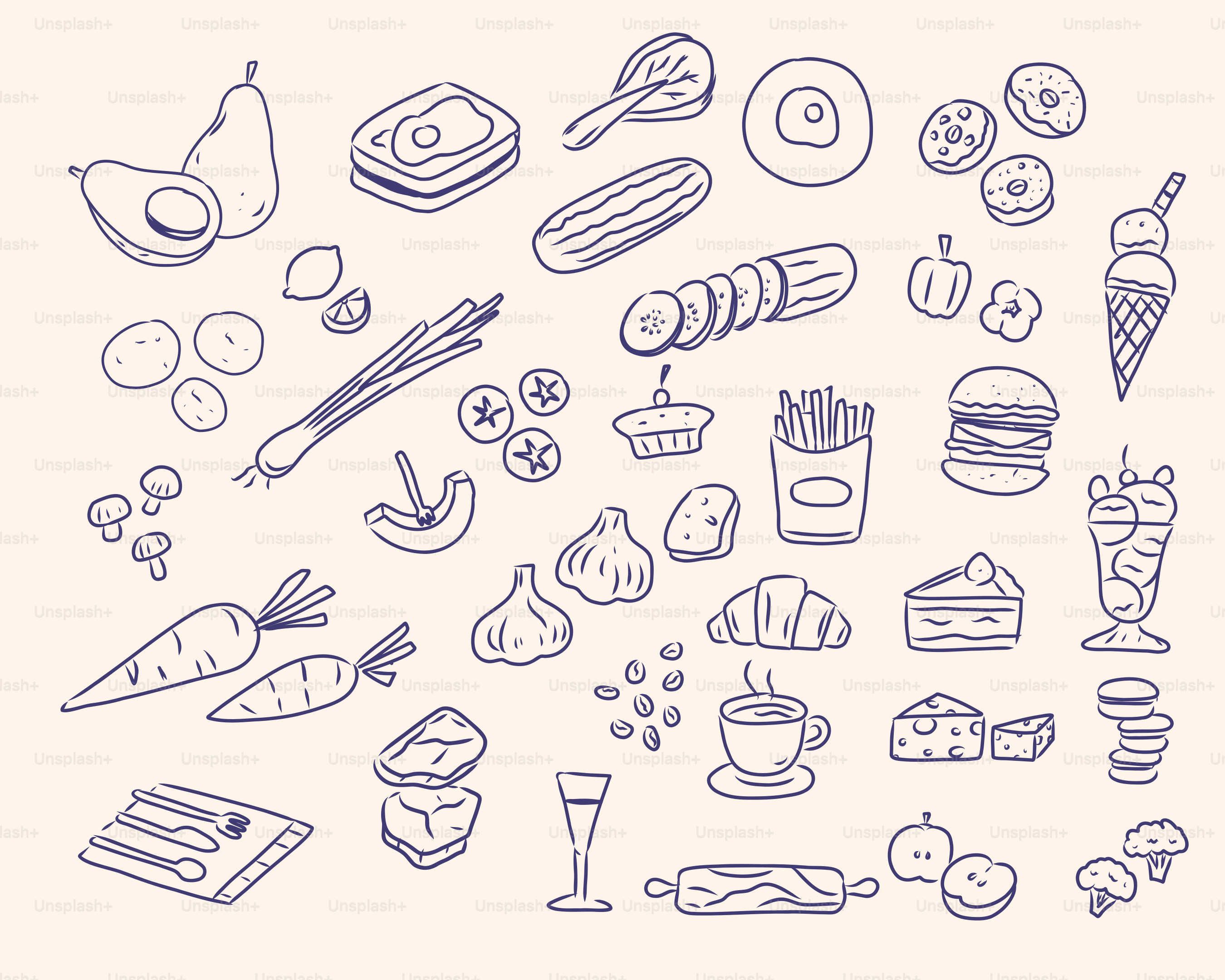 Drawn sketch of a variety of foods.
