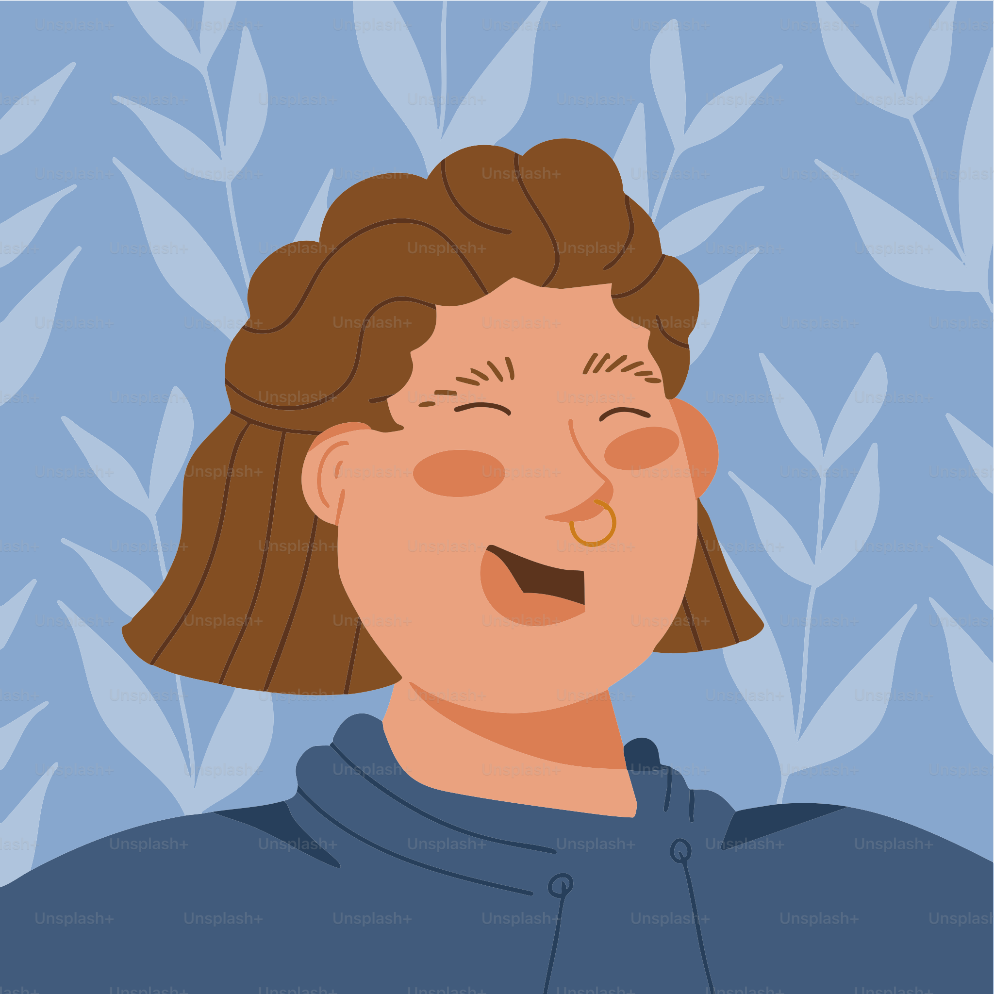 Happy person smiles, styled on a blue background.