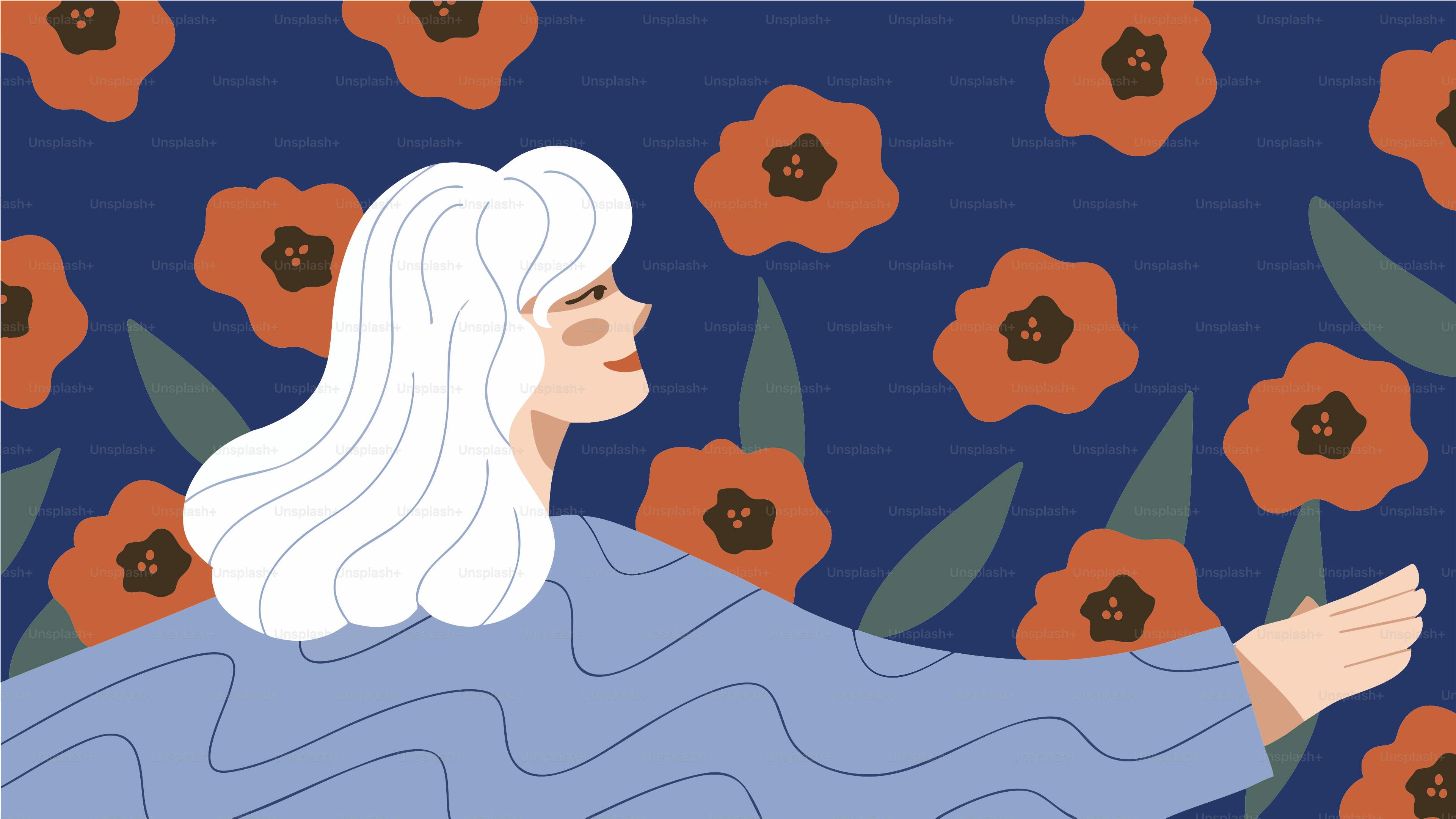 女性はオレンジの花の中で時間を楽しんでいます。