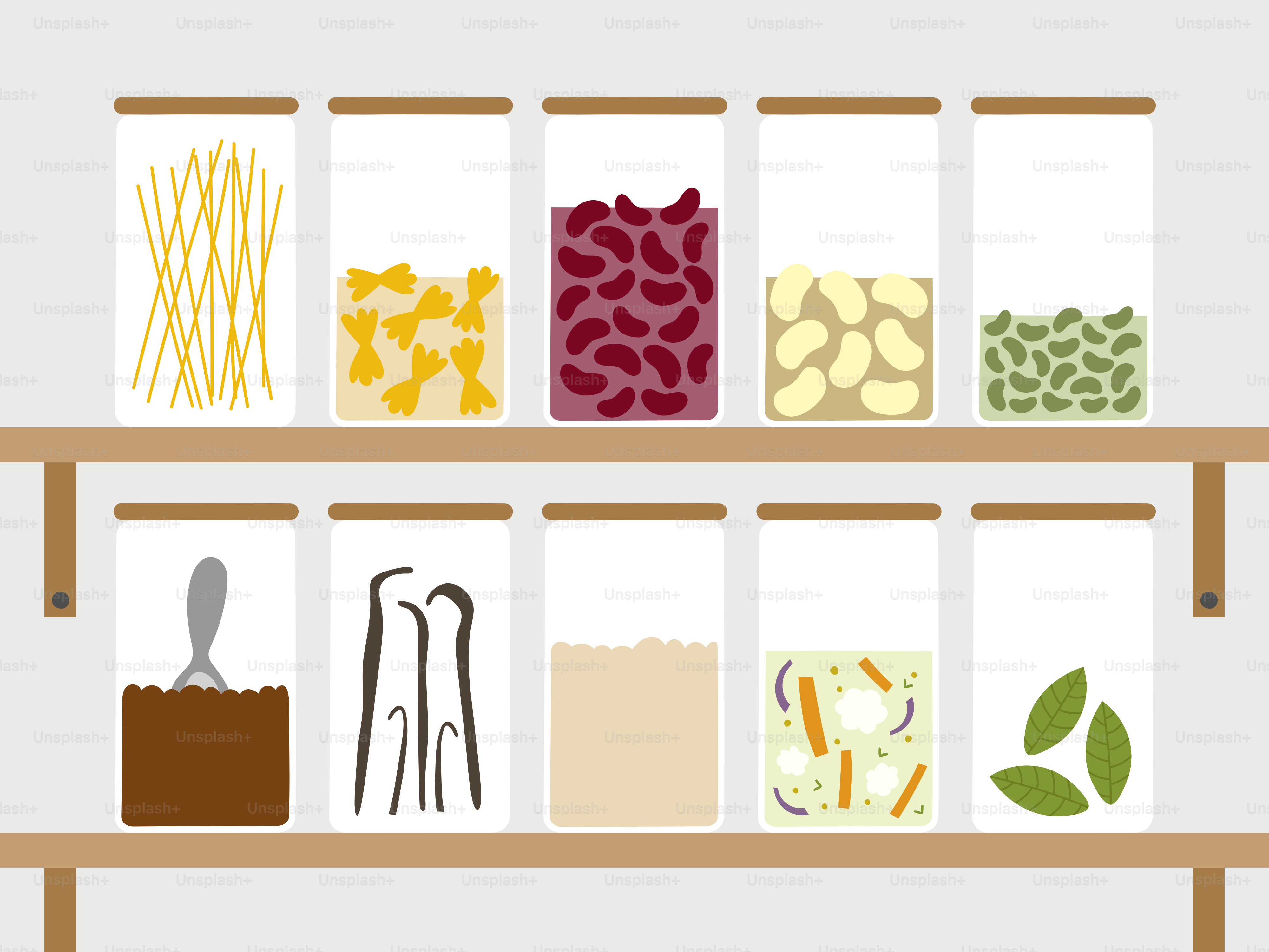 Pantry organization with various food items stored.