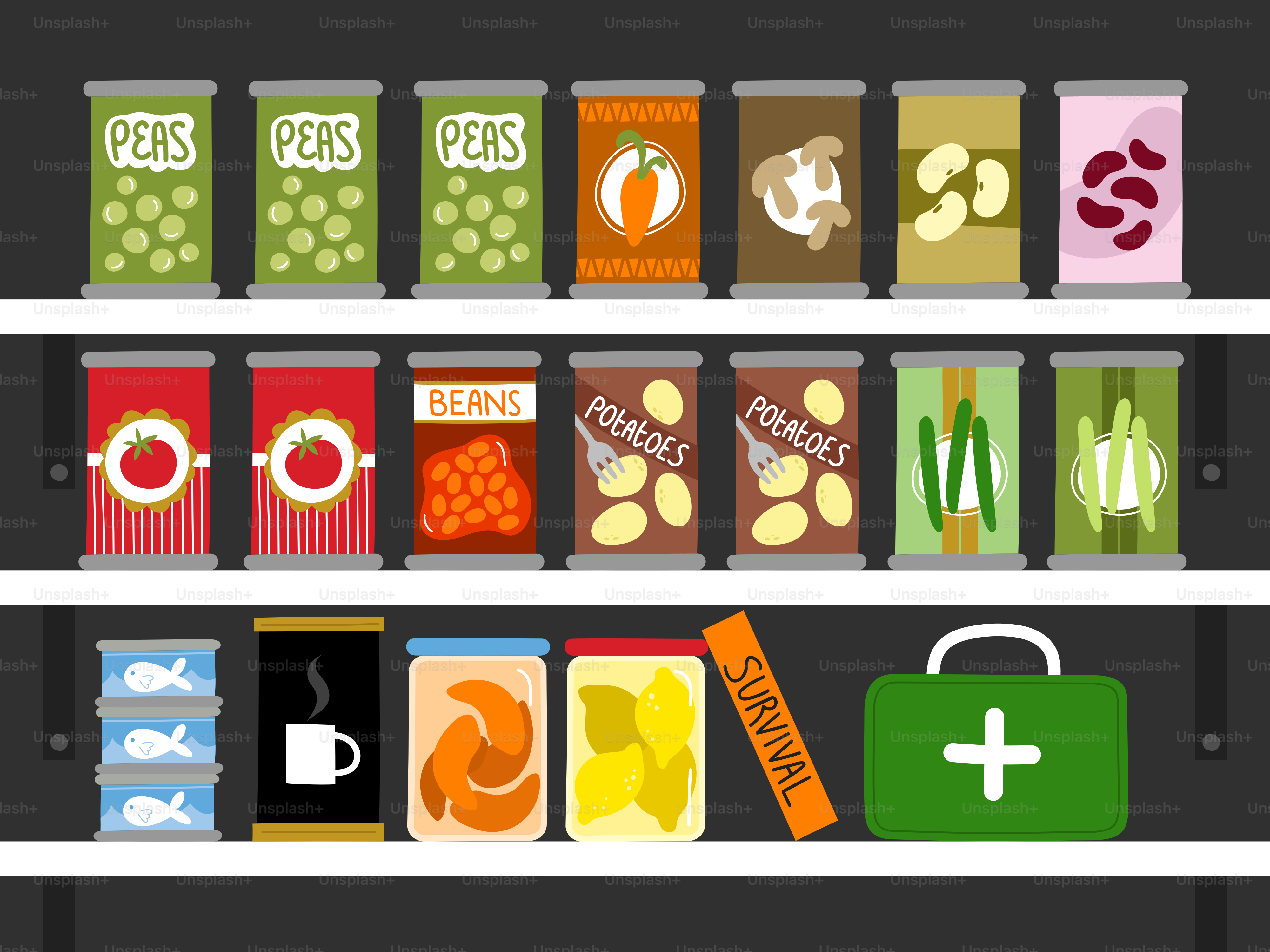 Pantry shelves stocked with canned food and supplies.