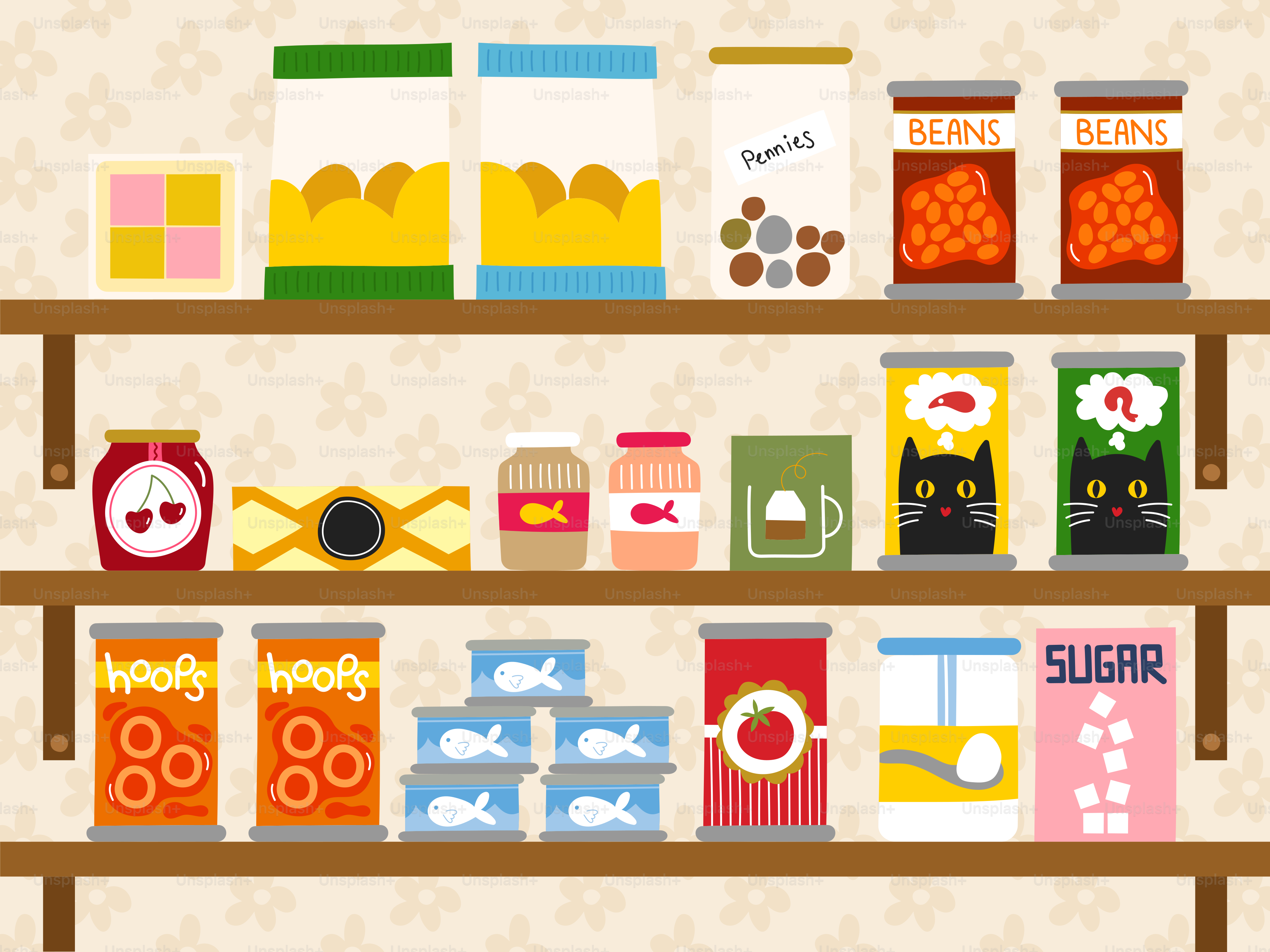 Las estanterías de la despensa están llenas de diferentes tipos de comida.