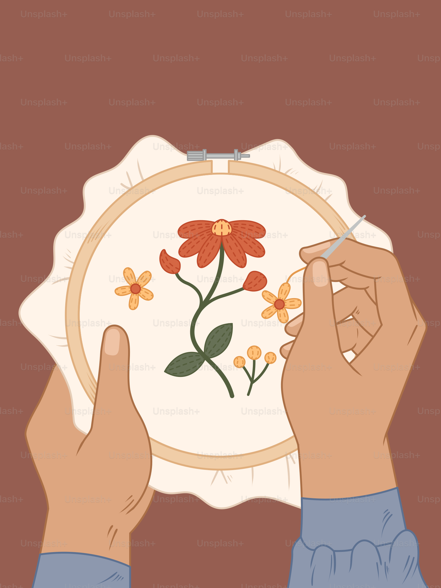 Hands embroidering a floral design on fabric.