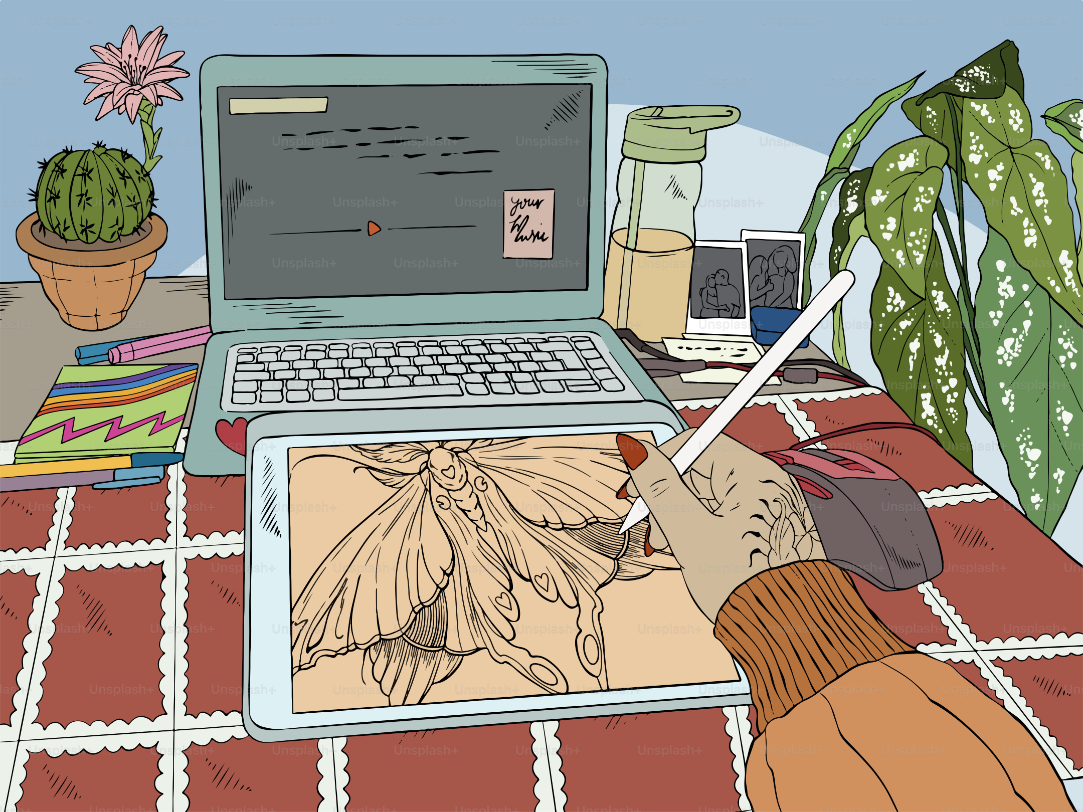 Artist digitally draws on a tablet at their desk.