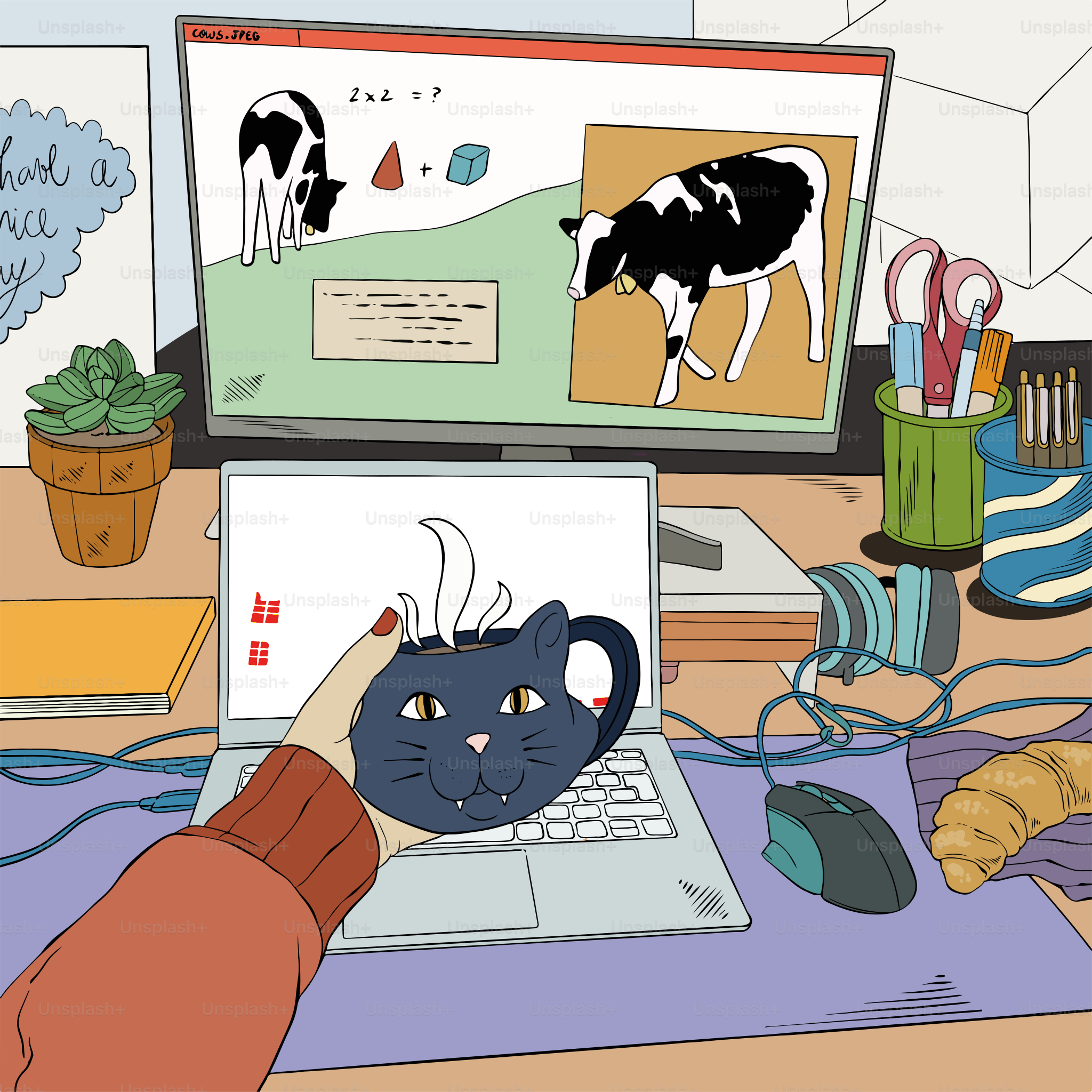 Someone is drinking coffee while learning about cows.