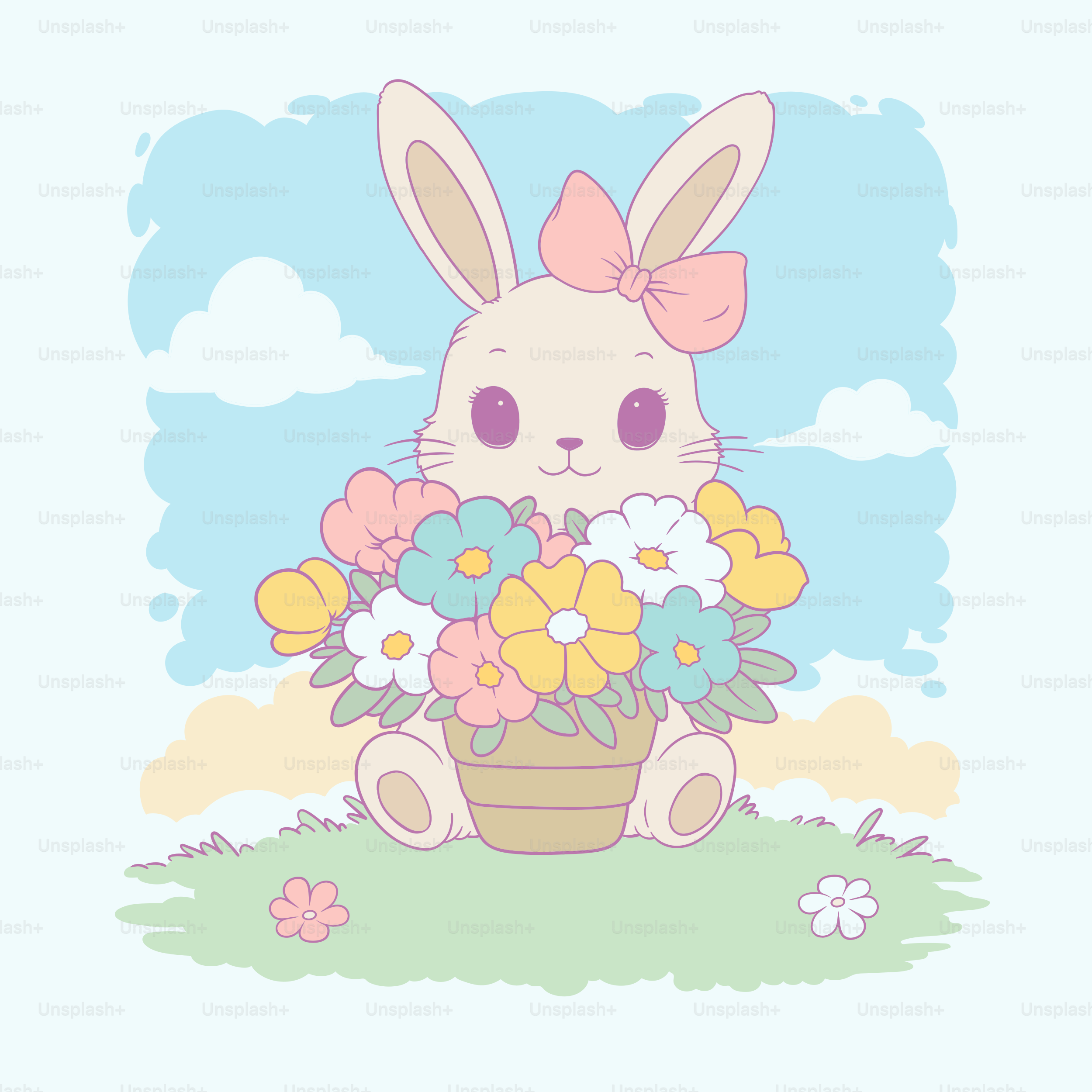Un simpatico coniglietto tiene un cesto di fiori.