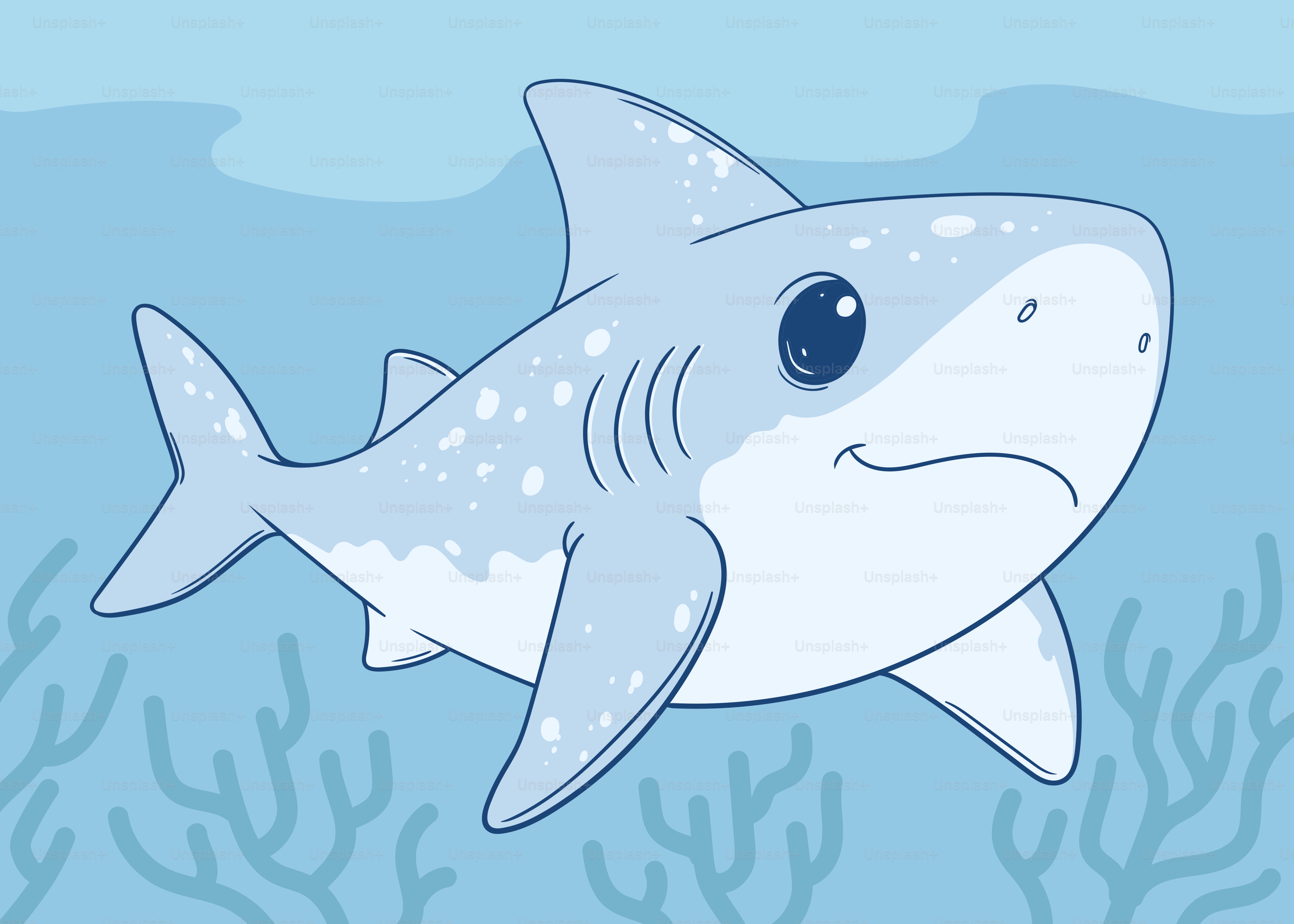 A cute cartoon shark swims underwater.