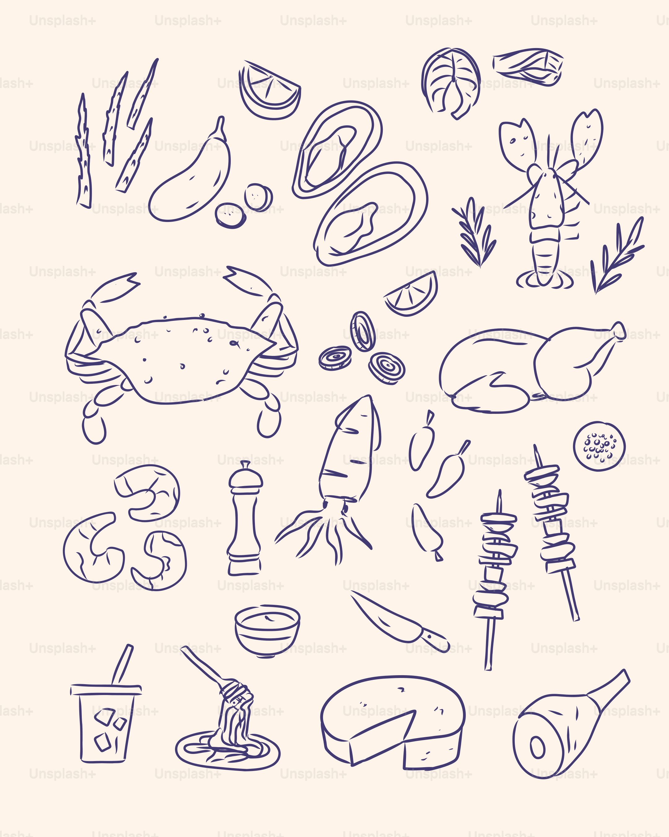 Drawn illustration of assorted food and ingredients.