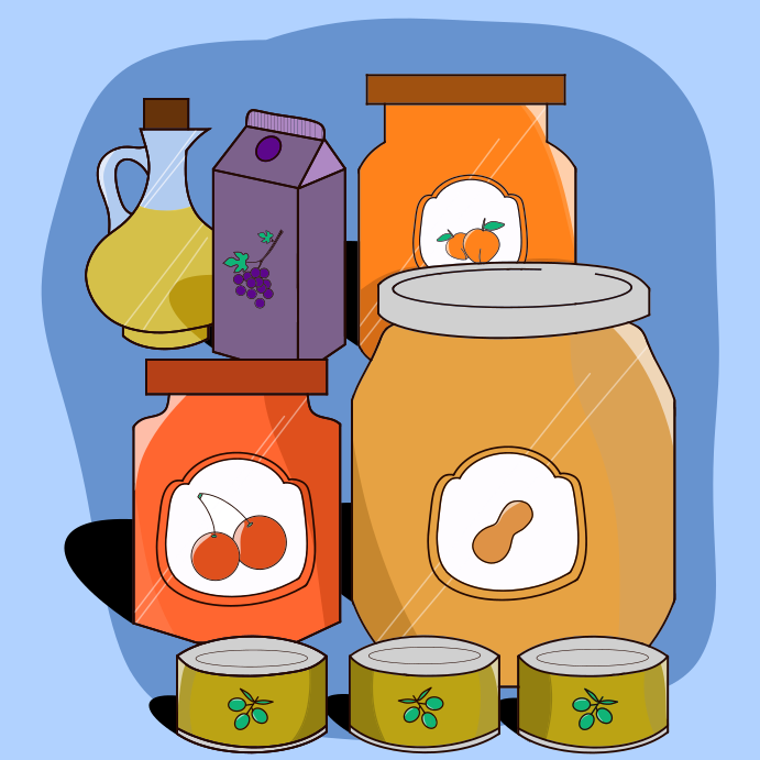 Groceries: various jars, containers, and cans.
