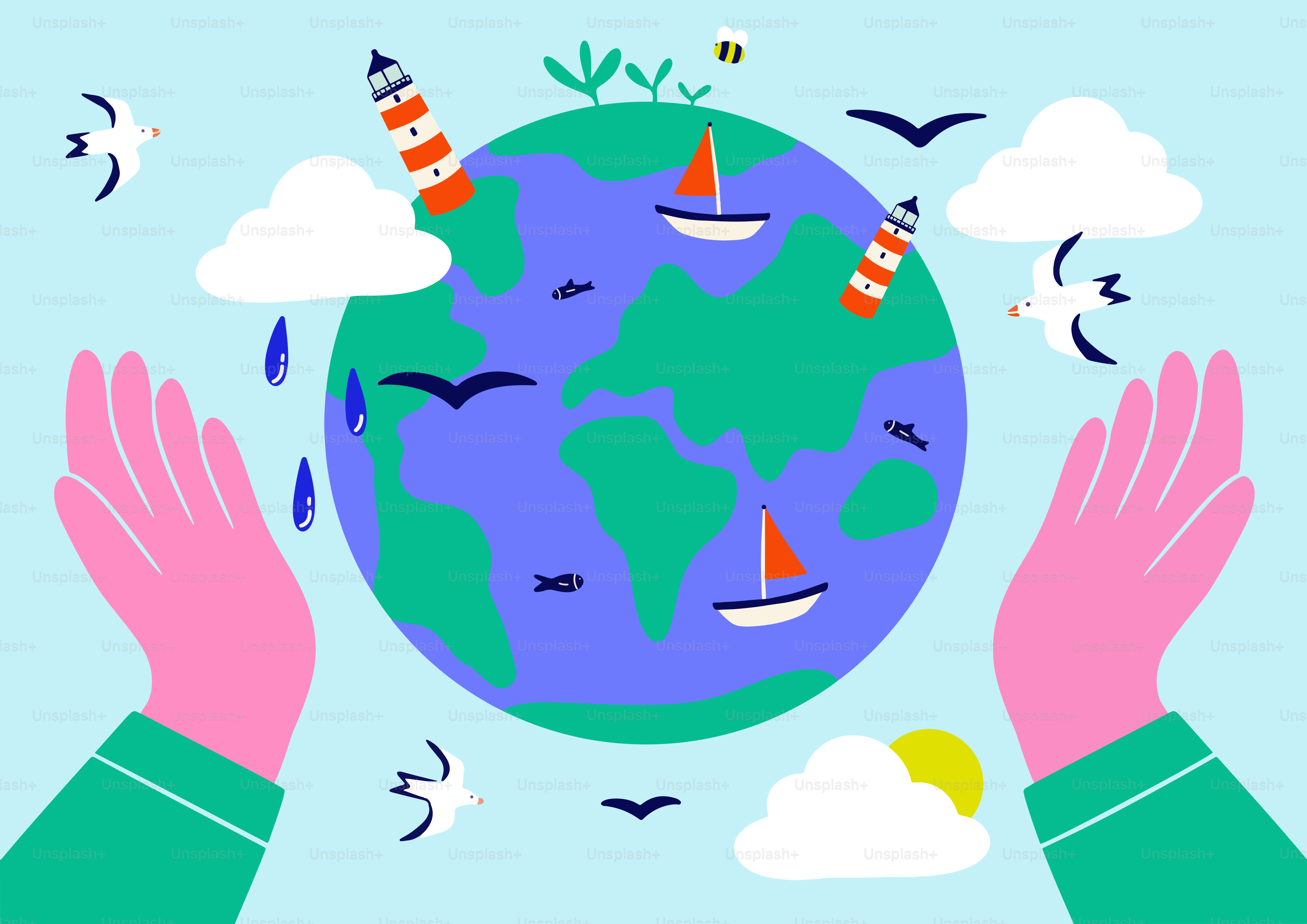 Protecting the earth: hands holding a colorful planet.