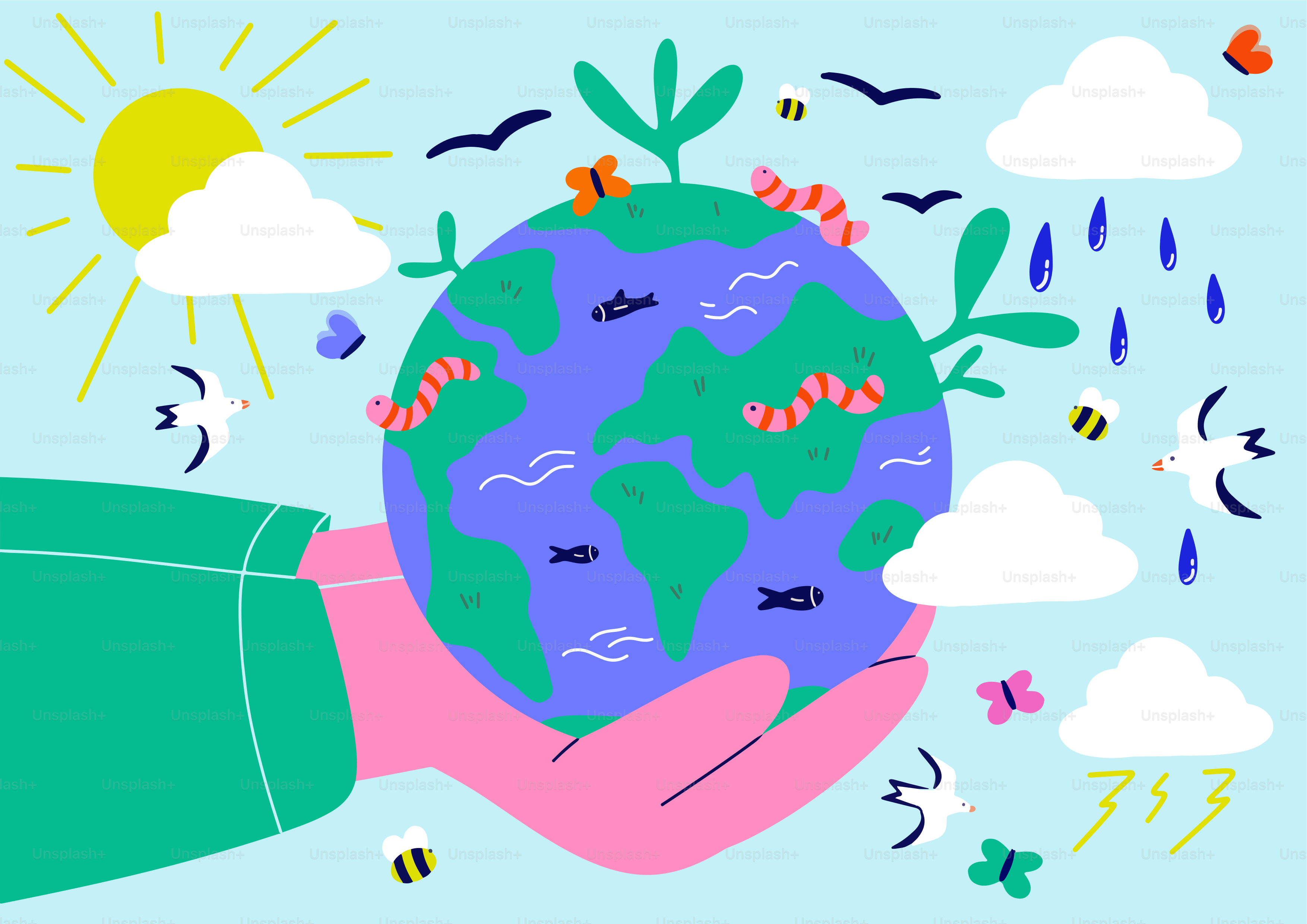 Hand holding a colorful earth with nature elements.