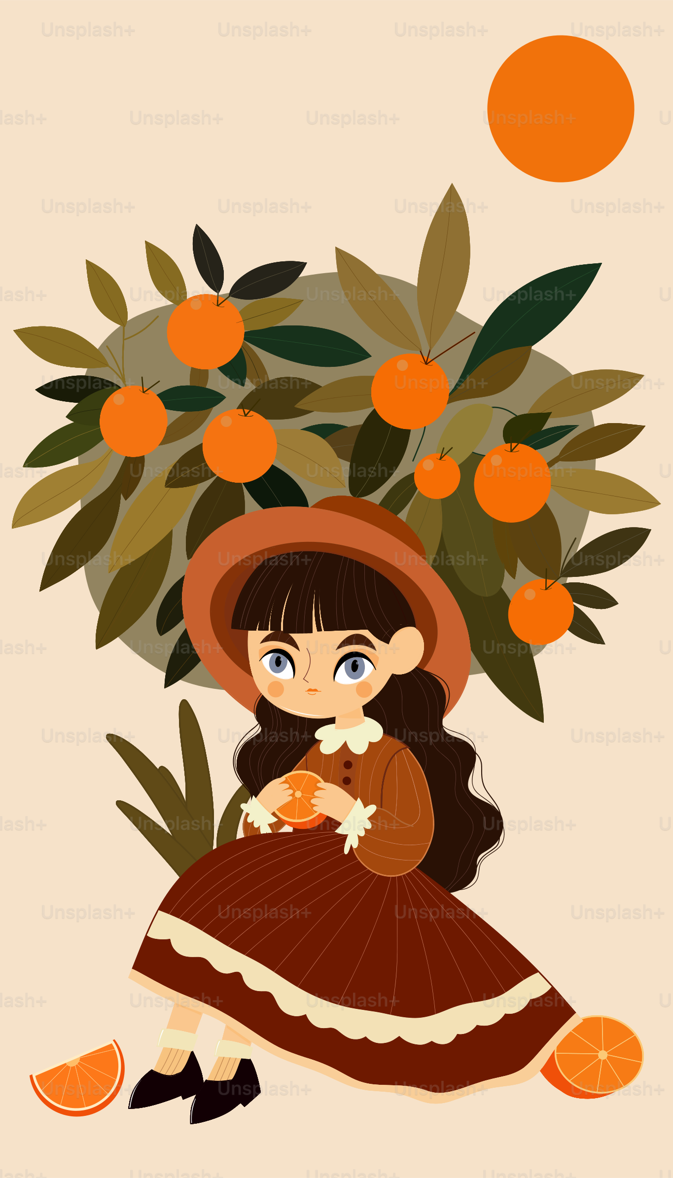 Girl under orange tree enjoying an orange.