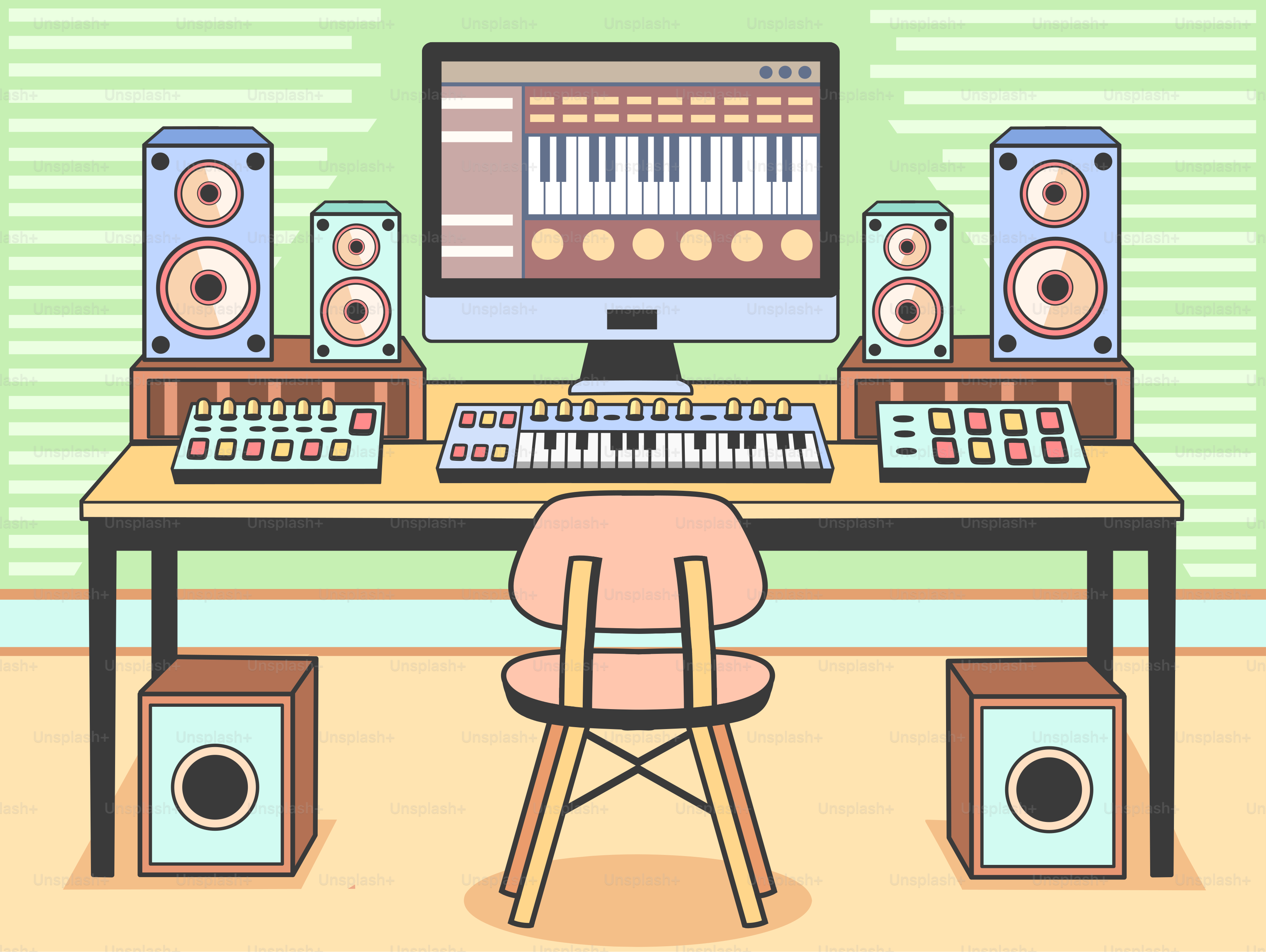A music studio setup with keyboard and speakers.