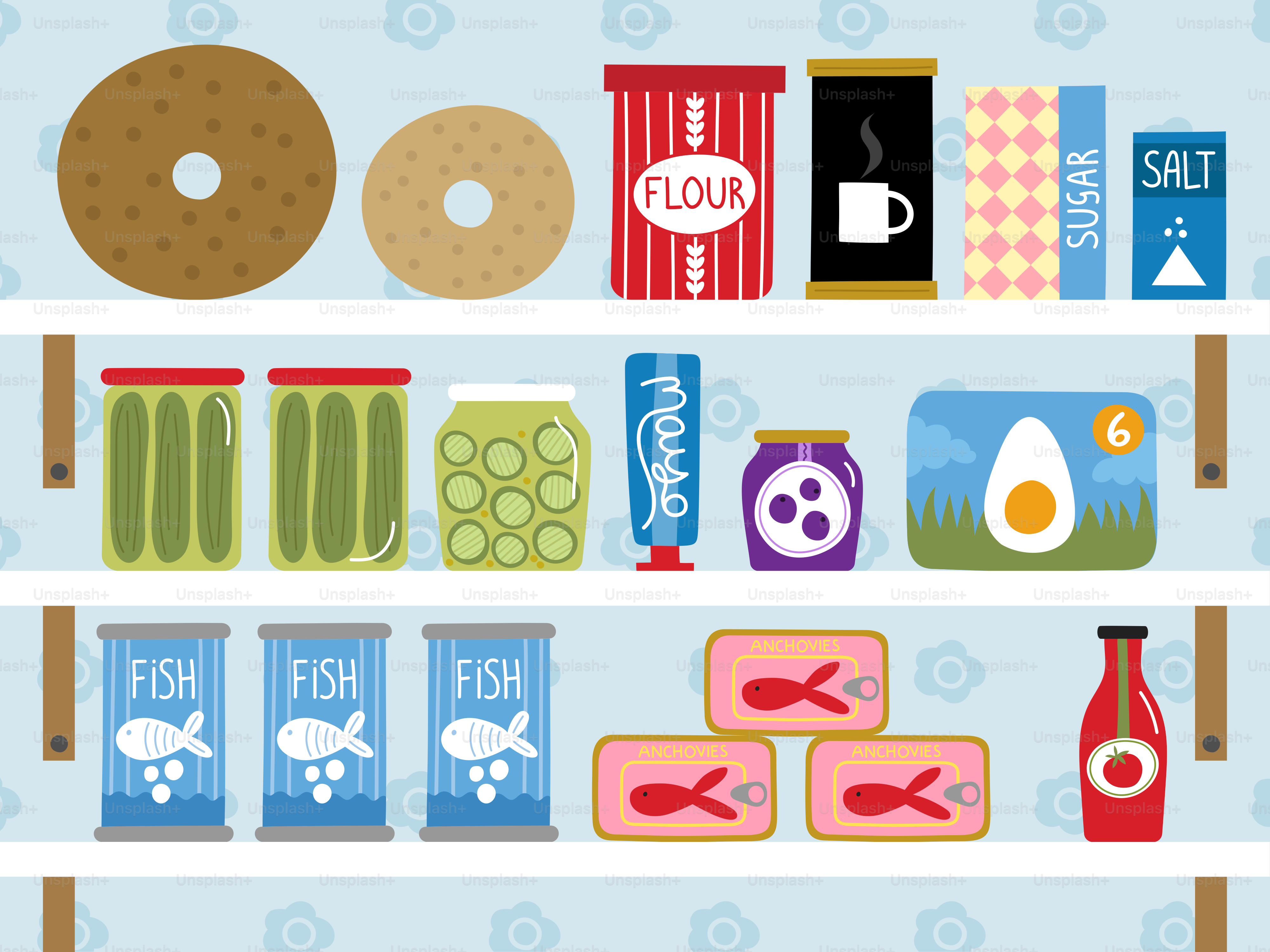 A colorful illustration depicts a well-stocked pantry.