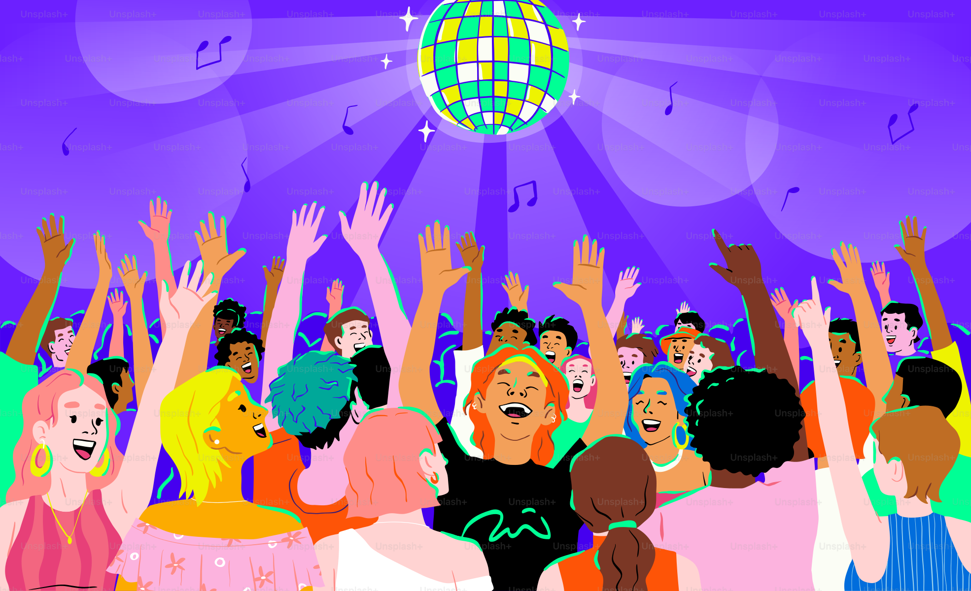La gente baila bajo una bola de discoteca en una fiesta.