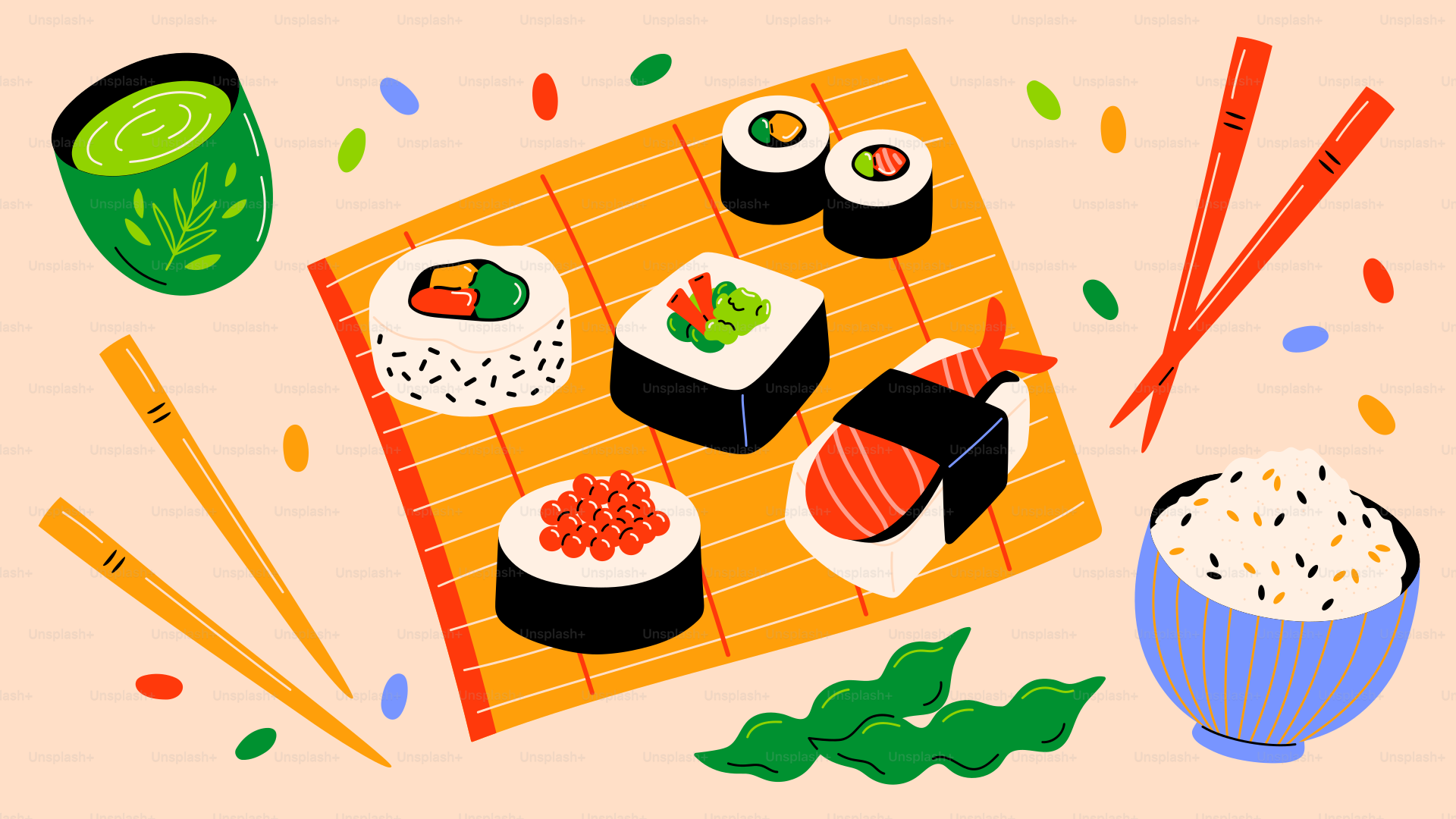 Sushi, tea, and rice are shown in this image. vector – Food Image on ...