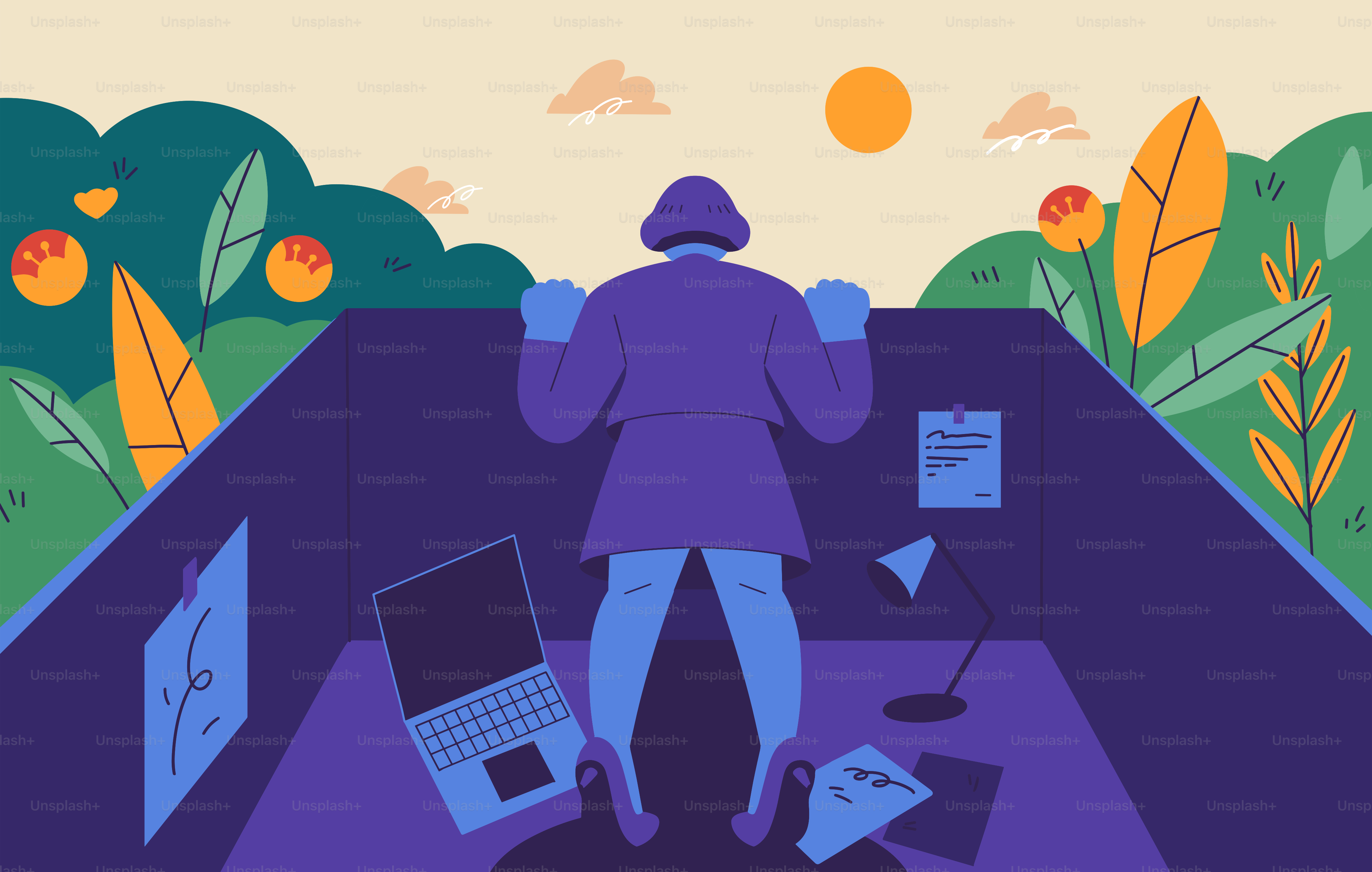 A person is escaping their office and into nature.